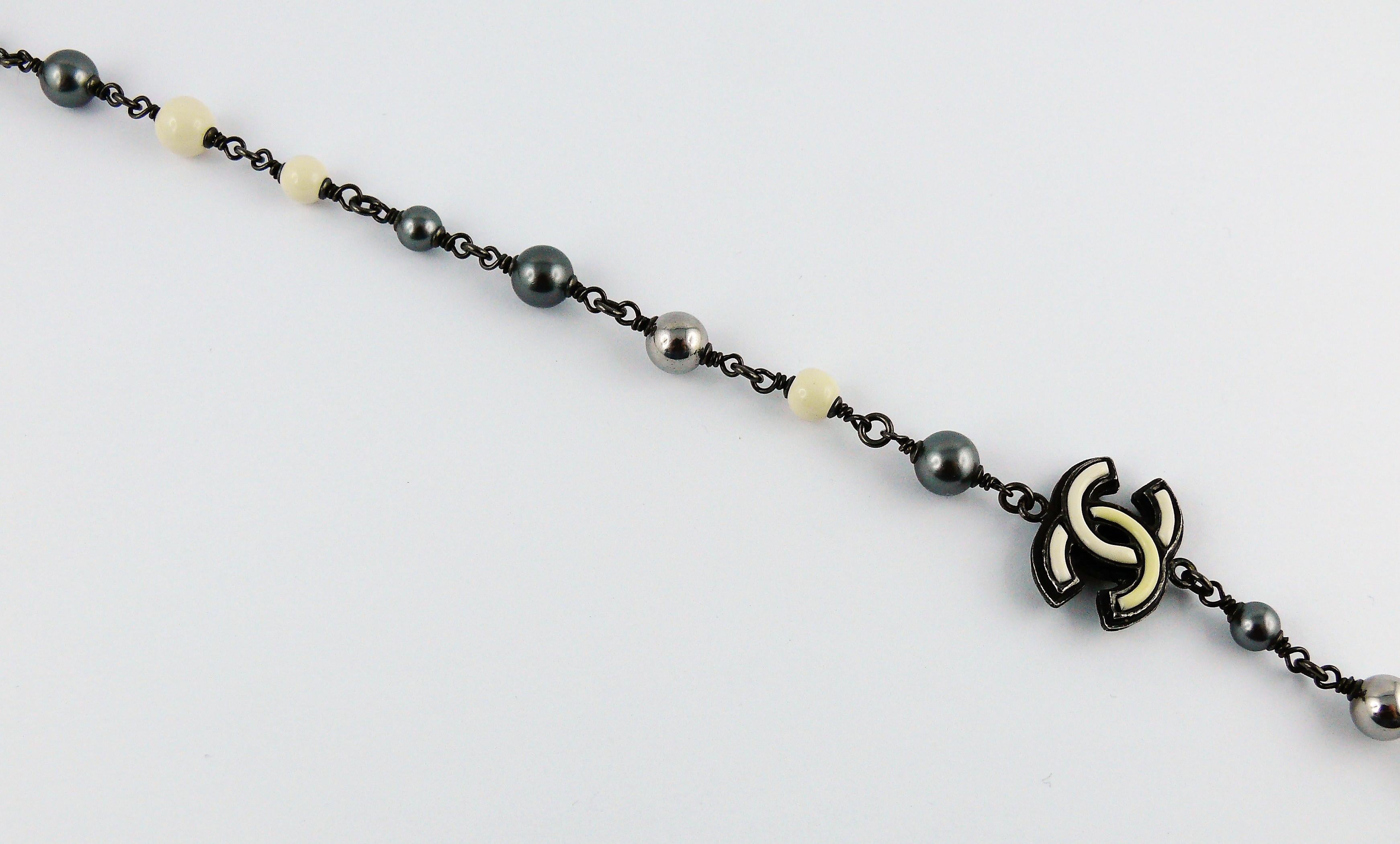 Chanel 2013 Long Grey and White Bead Logo Necklace For Sale 8