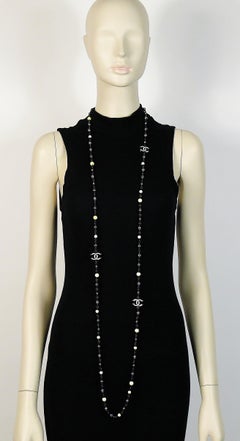 Chanel 2013 Long Grey and White Bead Logo Necklace