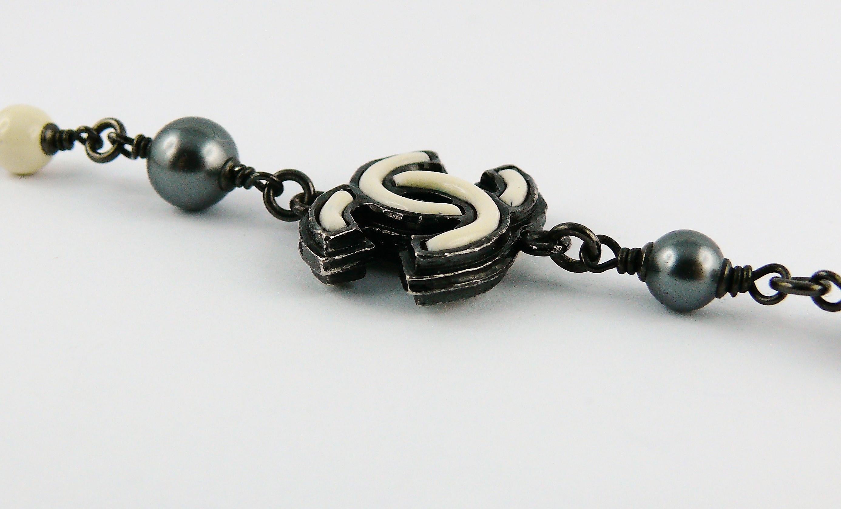 Chanel 2013 Long Grey and White Bead Logo Necklace For Sale 2