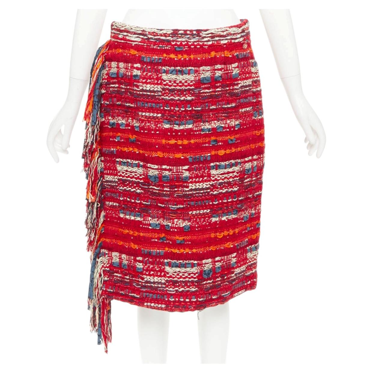 Pre-owned Chanel 2013 Paris Dallas Red Multicolor Cotton Tweed Fringe Wrap Skirt Fr40 L