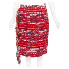 CHANEL 2013 Paris Dallas red multicolor cotton tweed fringe wrap skirt FR40 L