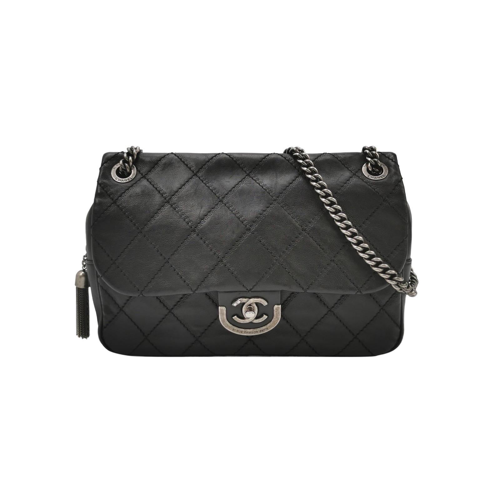 Chanel 2013 Paris-Edinburgh Borsa a spalla grande in pelle di vitello con patta nera
