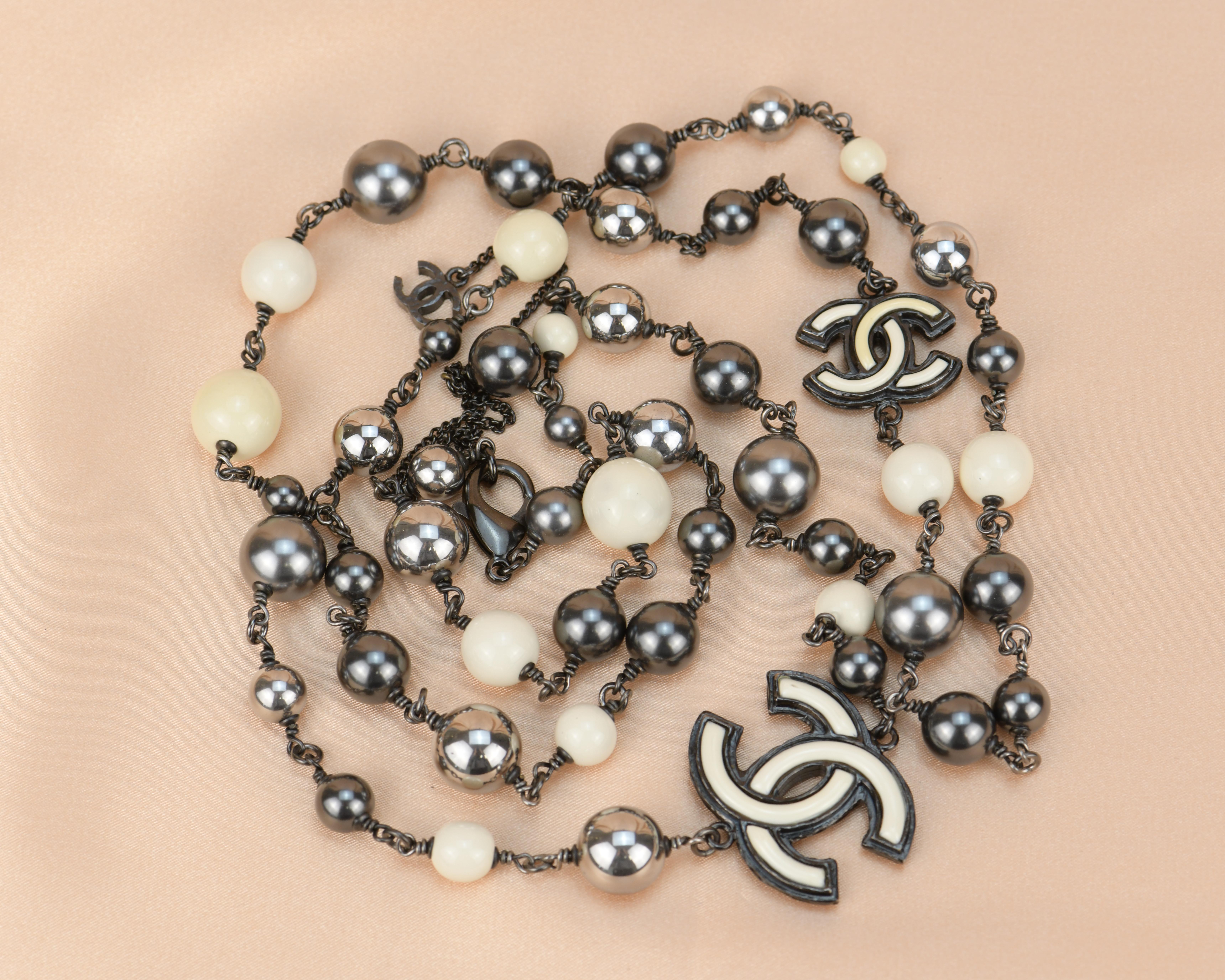 Chanel 2013 Pearl White and Black Beads CC Sautoir Necklace 1