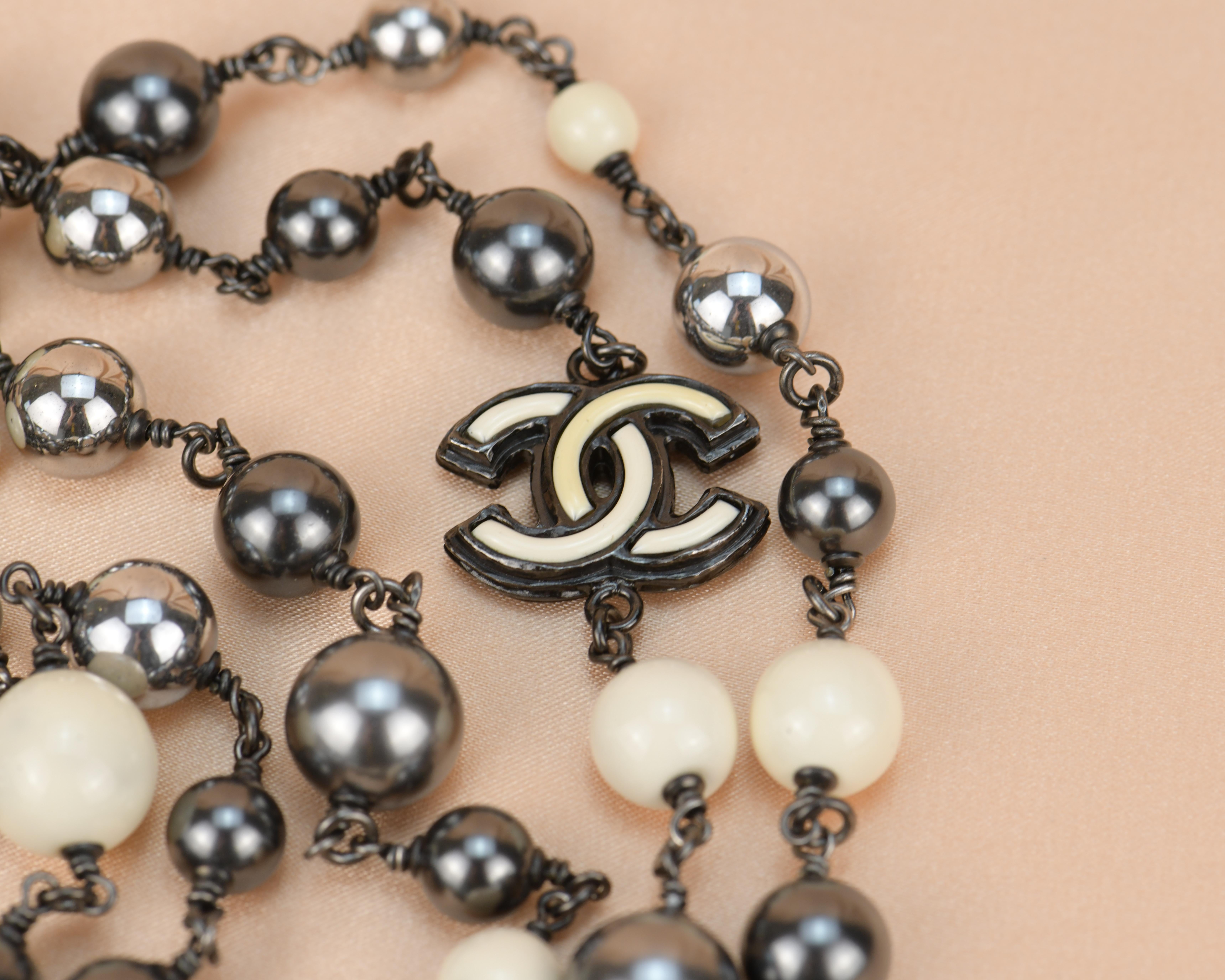 Chanel 2013 Pearl White and Black Beads CC Sautoir Necklace 2