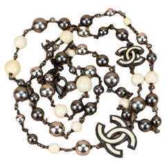 Chanel 2013 Pearl White and Black Beads CC Sautoir Necklace