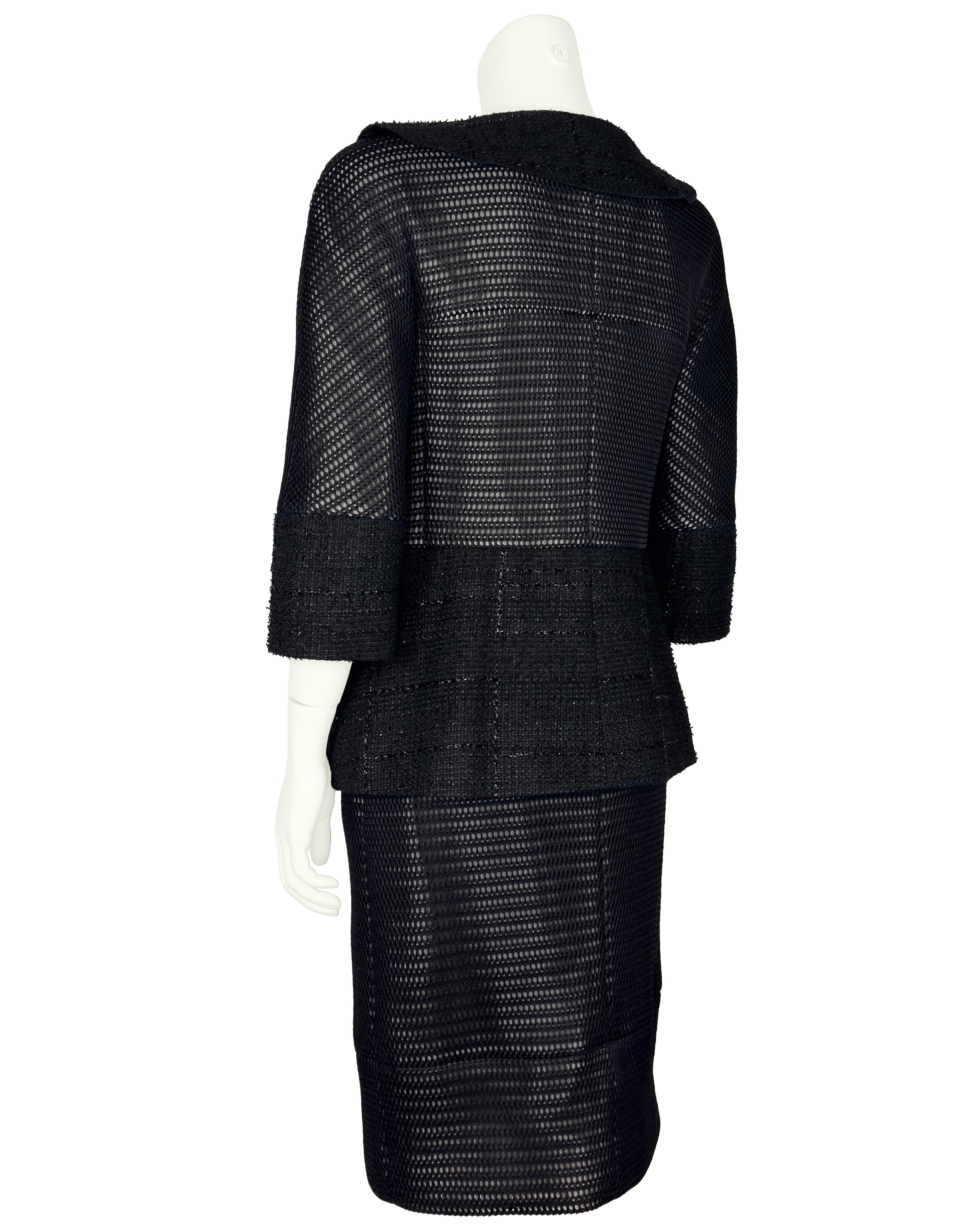 Chanel 2013 Spring Collection Black Tweed and Eyelet Suit with Pearl Buttons In Good Condition For Sale In Toronto, Ontario