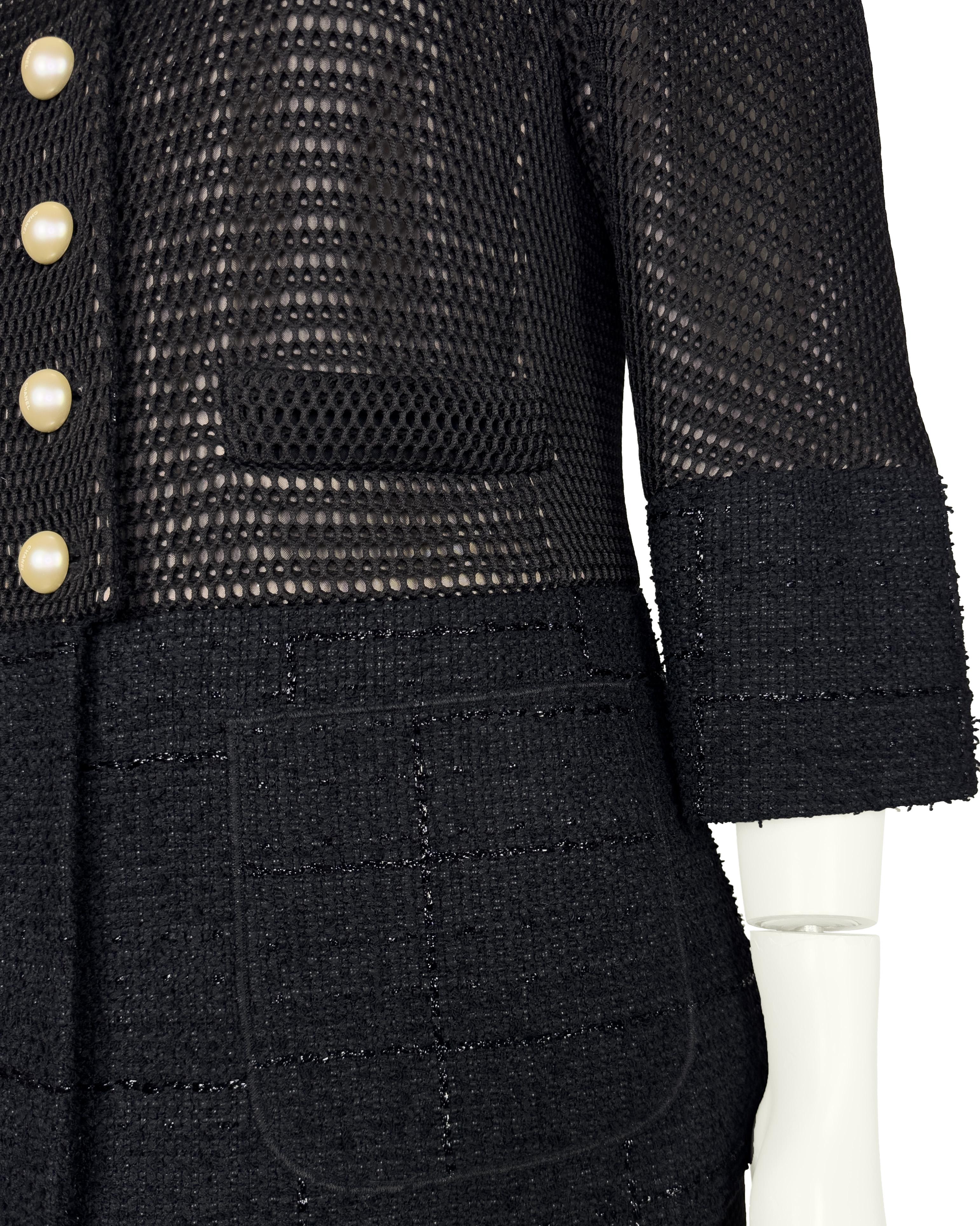 Chanel 2013 Spring Collection Black Tweed and Eyelet Suit with Pearl Buttons For Sale 1