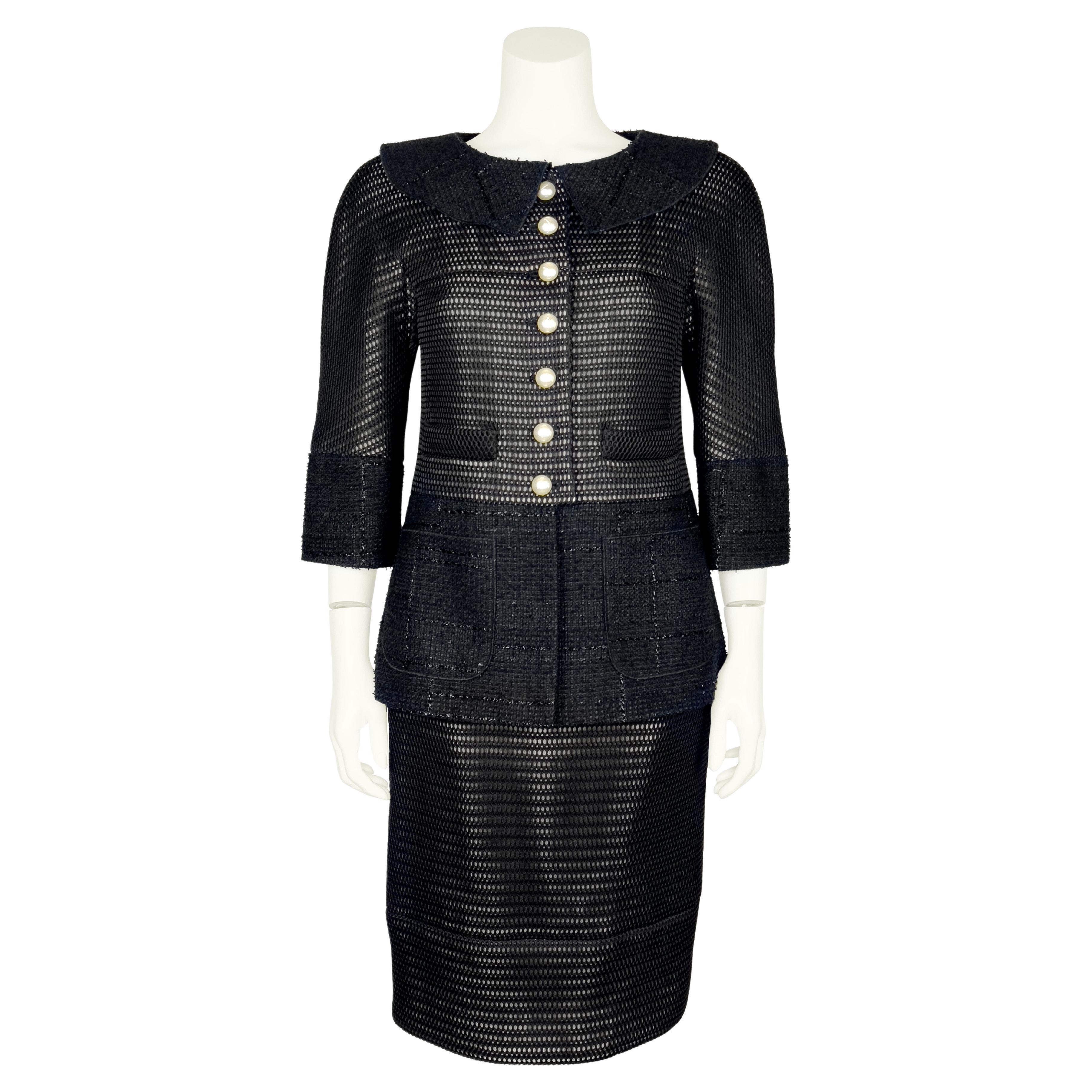 Chanel 2013 Spring Collection Black Tweed and Eyelet Suit with Pearl Buttons For Sale