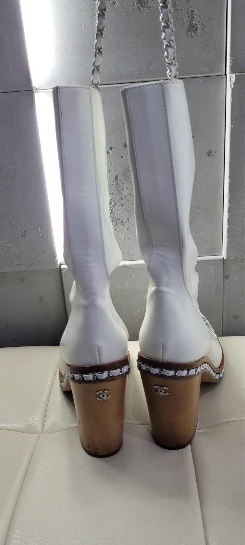 Chanel 2013 White Patent Leather Chain Obsession Heeled Calf Boots 8