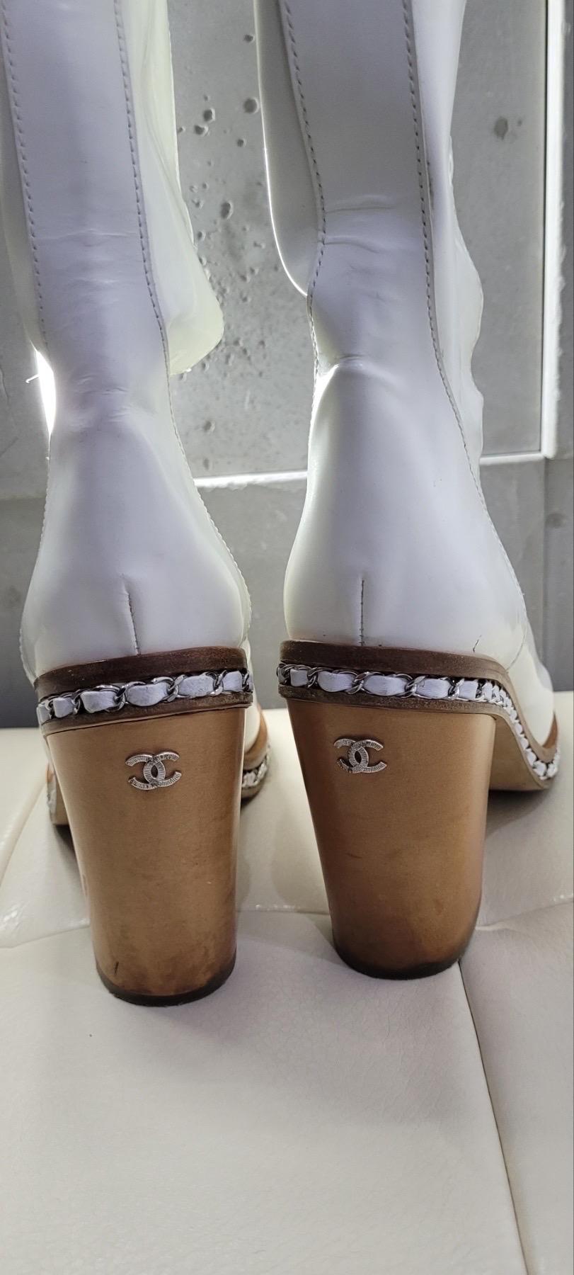 Chanel 2013 White Patent Leather Chain Obsession Heeled Calf Boots 5