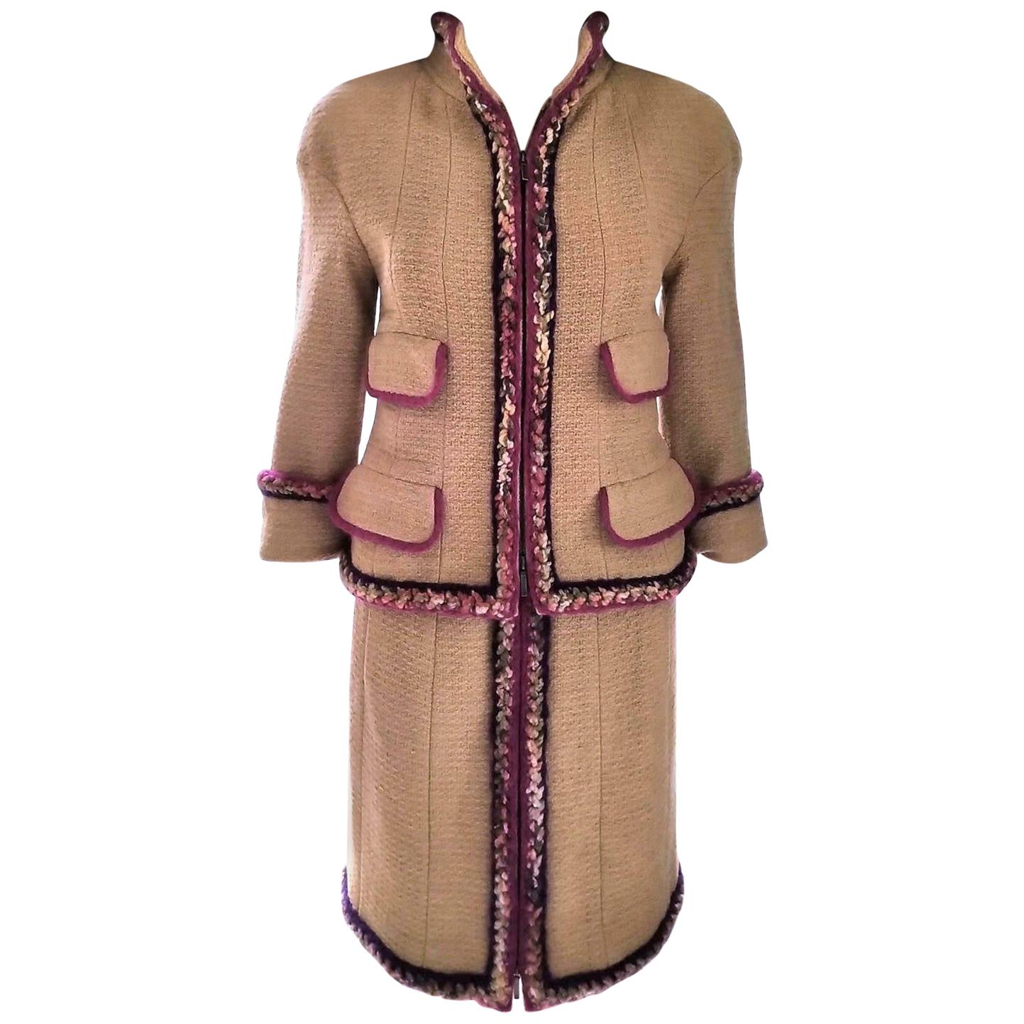 Chanel 2014 14K Camel Tan Supermarket Tweed Jacket & Skirt Suit FR 34/ US 2  For Sale