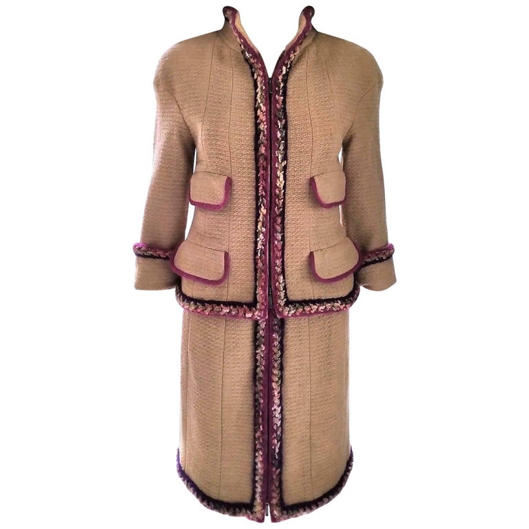 Chanel 2014 14K Camel Tan Supermarket Tweed Jacket and Skirt Suit FR 34/ US  2