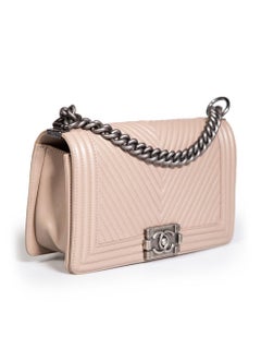 Chanel 2014 Beige Lambskin Medium Chevron Boy Bag Ruthenium Hardware