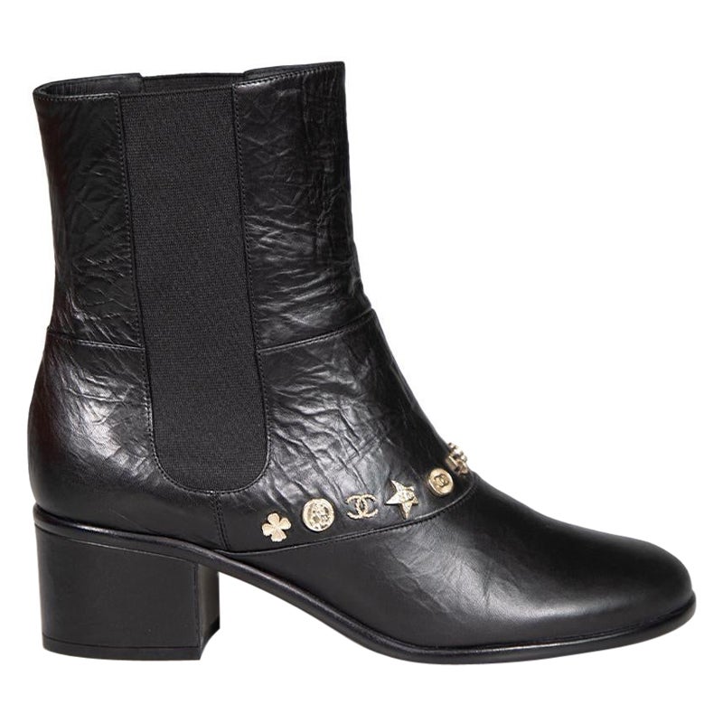 Chanel 2014 Black Calfskin Lucky Charm CC Logo Boots Size IT 37.5