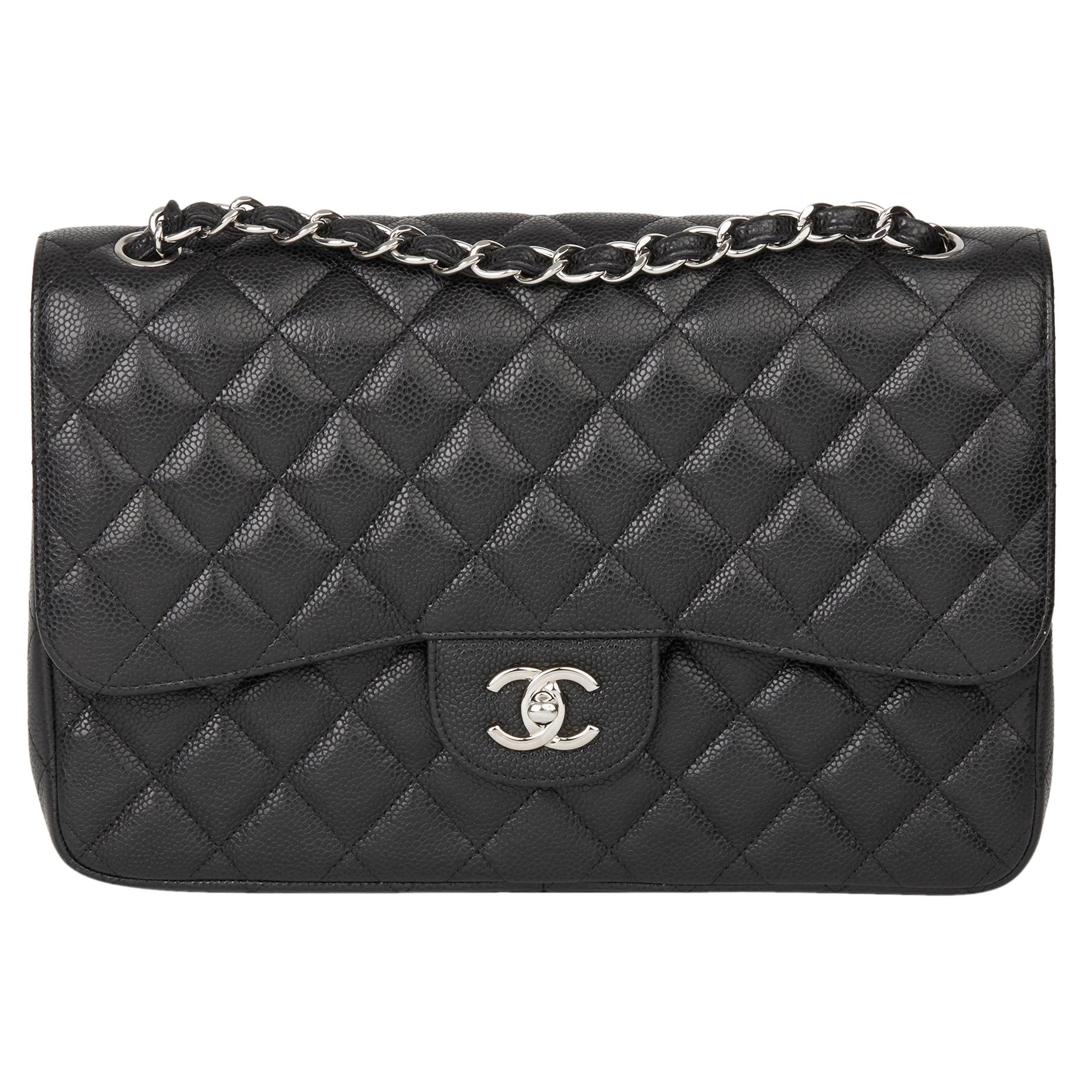 Chanel 2014 Black Quilted Caviar Leather Jumbo Classic Double Flap Bag