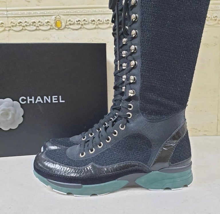 Chanel 2014 Black Tweed Knee High Sneaker Boots Size 38