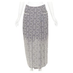CHANEL 2014 blue cream CC geometric diamond jacquard frayed wrap skirt FR40 L