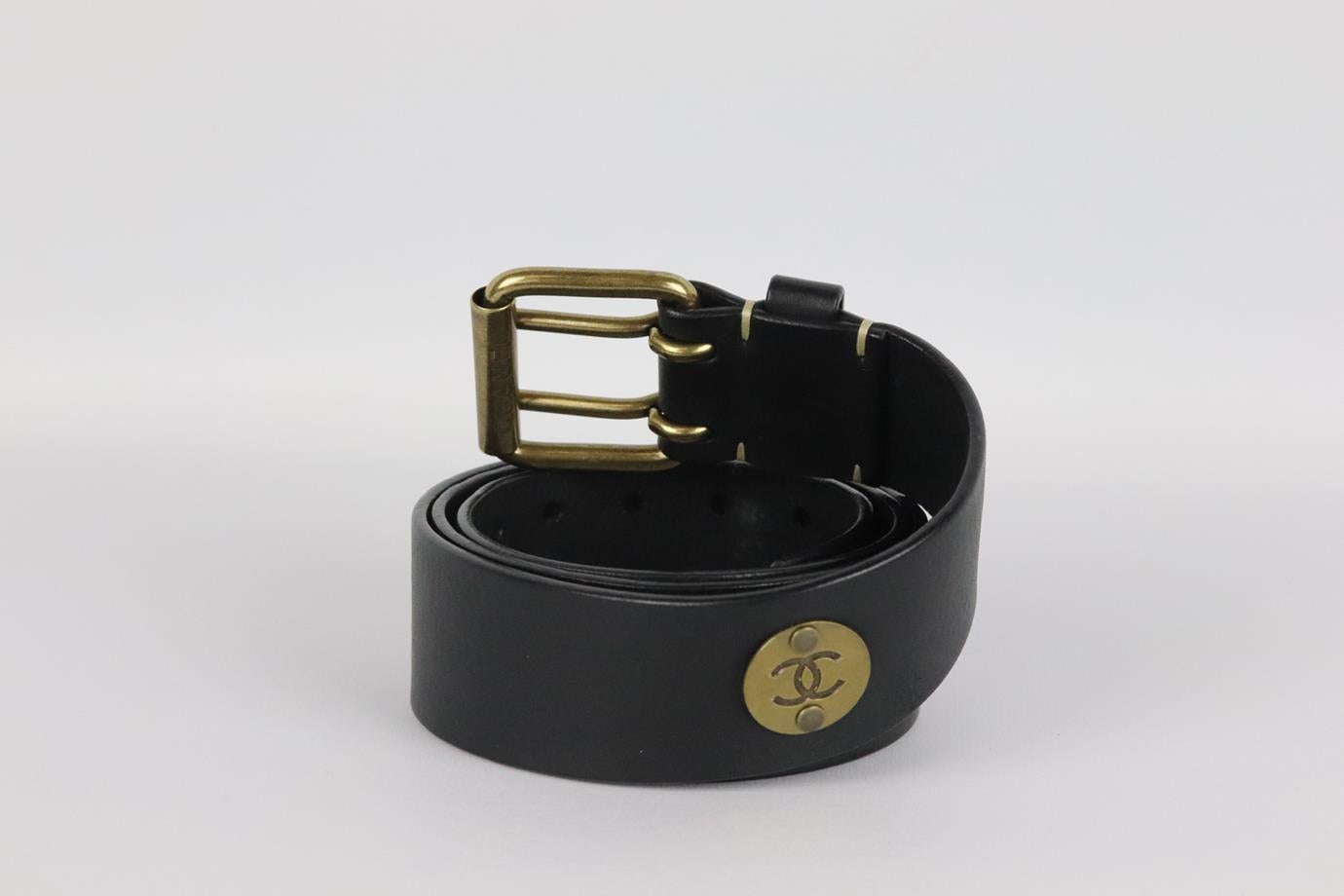 Chanel 2014 cc detailed leather waist belt. Black. Buckle fastening at front. Comes with dustbag. Size: 95. Min. Length: 36 in. Max. Length: 40 in. Very good condition - Light signs of wear; see pictures.
