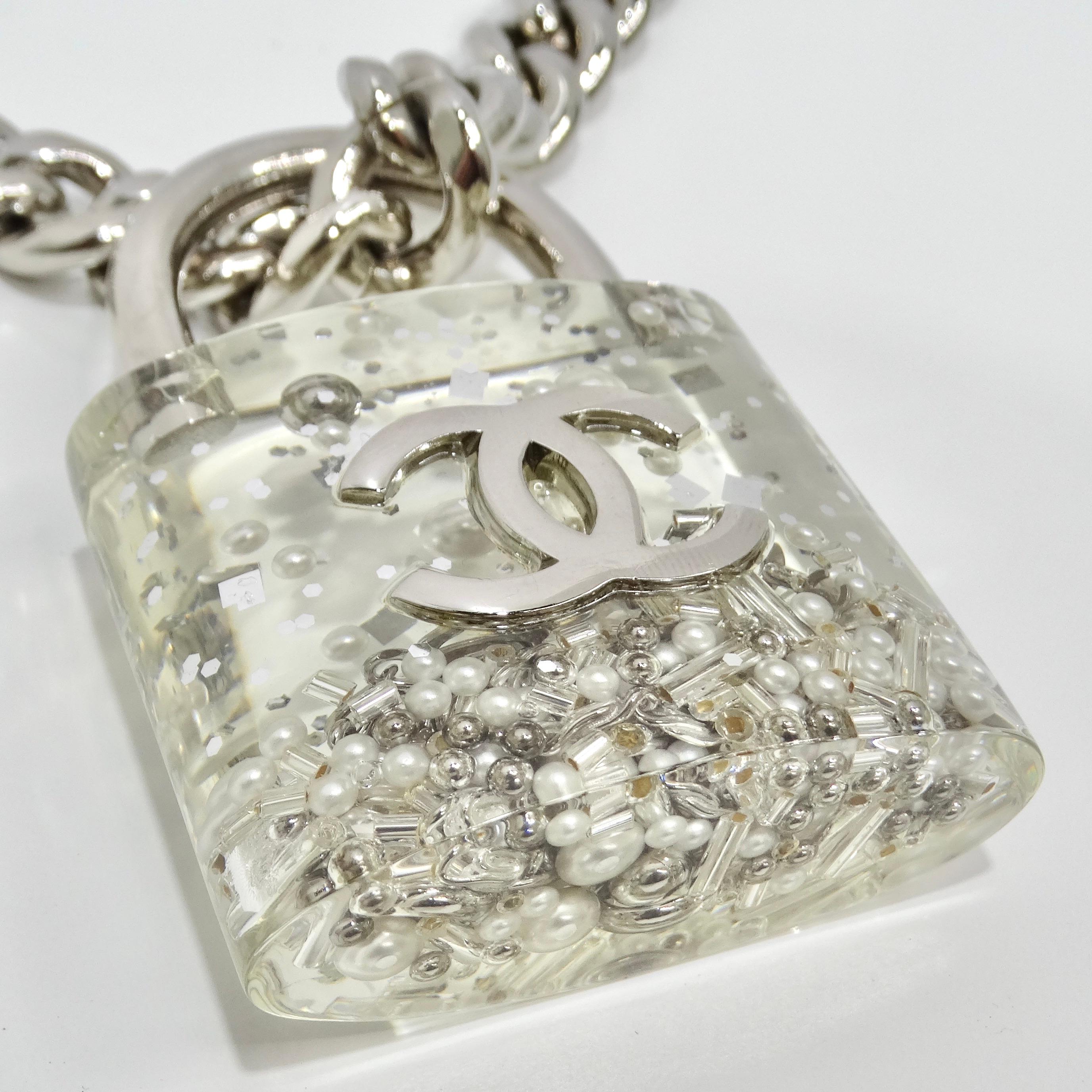 Women's or Men's Chanel 2014 CC Plexiglass Padlock Necklace For Sale
