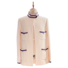 Chanel 2014 Cruise Ivory Tweed Blazer with Blue Trim (FR 48)