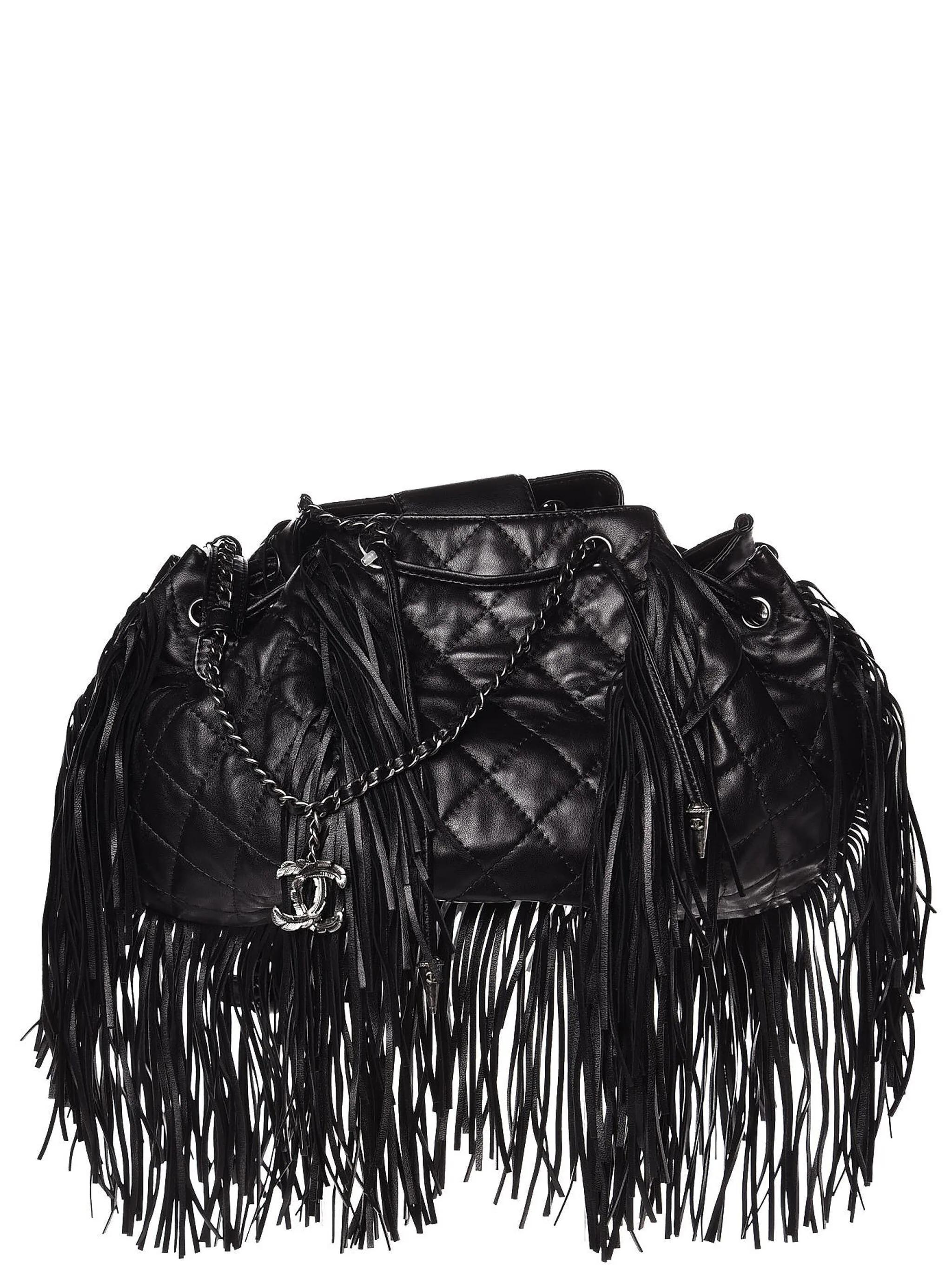 Chanel 2014 Dallas Drawstring Bucket Quilted Rare Fringe Lambskin Leather Bag For Sale 4