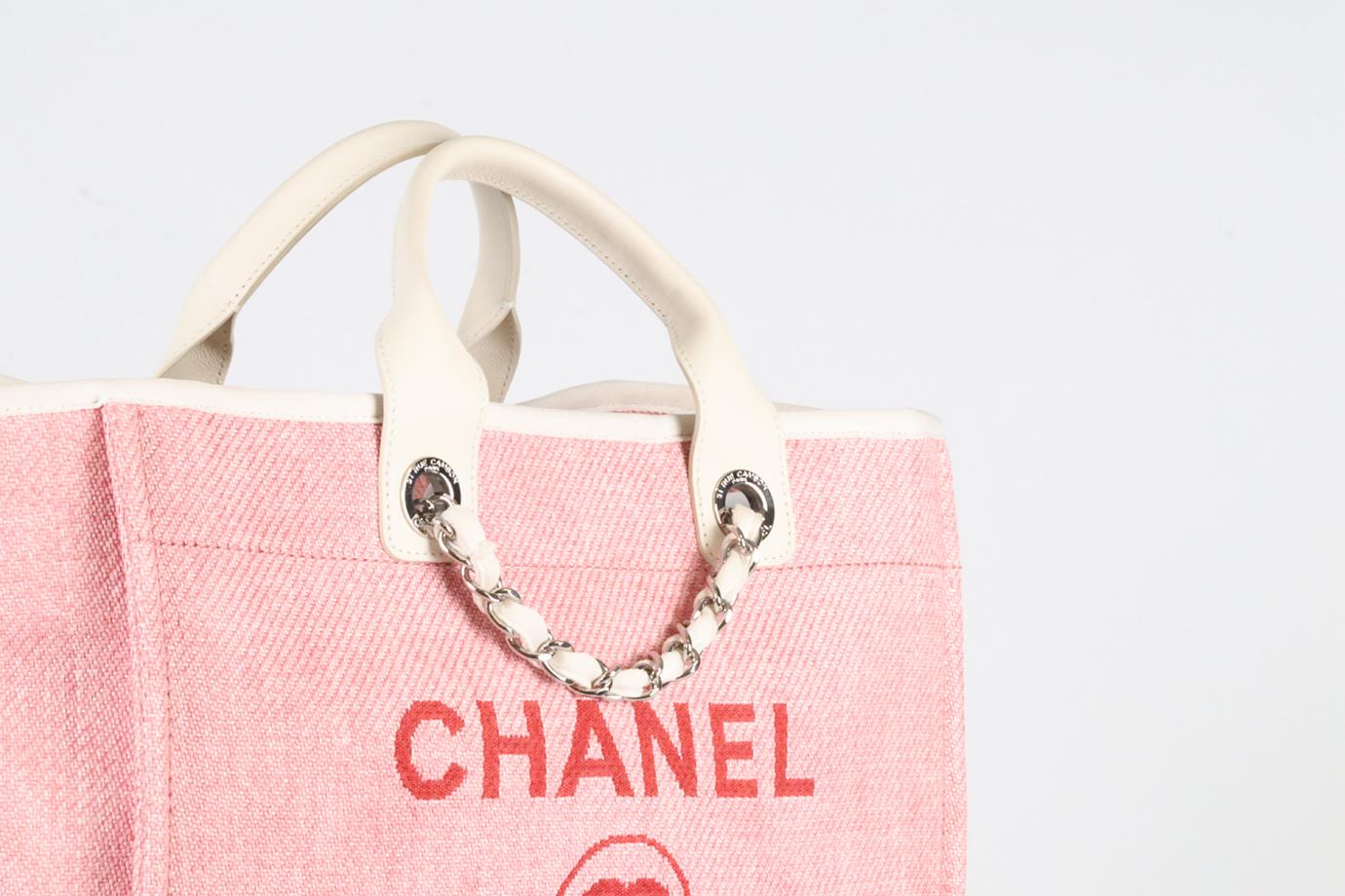 Chanel 2014 Deauville Medium Canvas And Leather Tote Bag For Sale 5