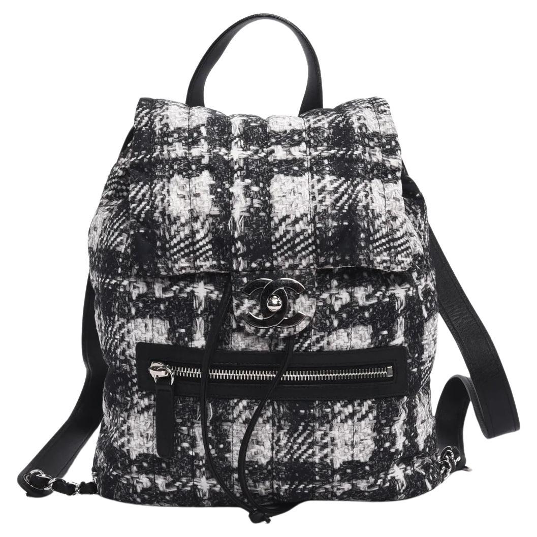 Chanel 2014 Faux Tweed Illusion Printed Medium Black White Nylon Duma Backpack In Excellent Condition In Miami, FL