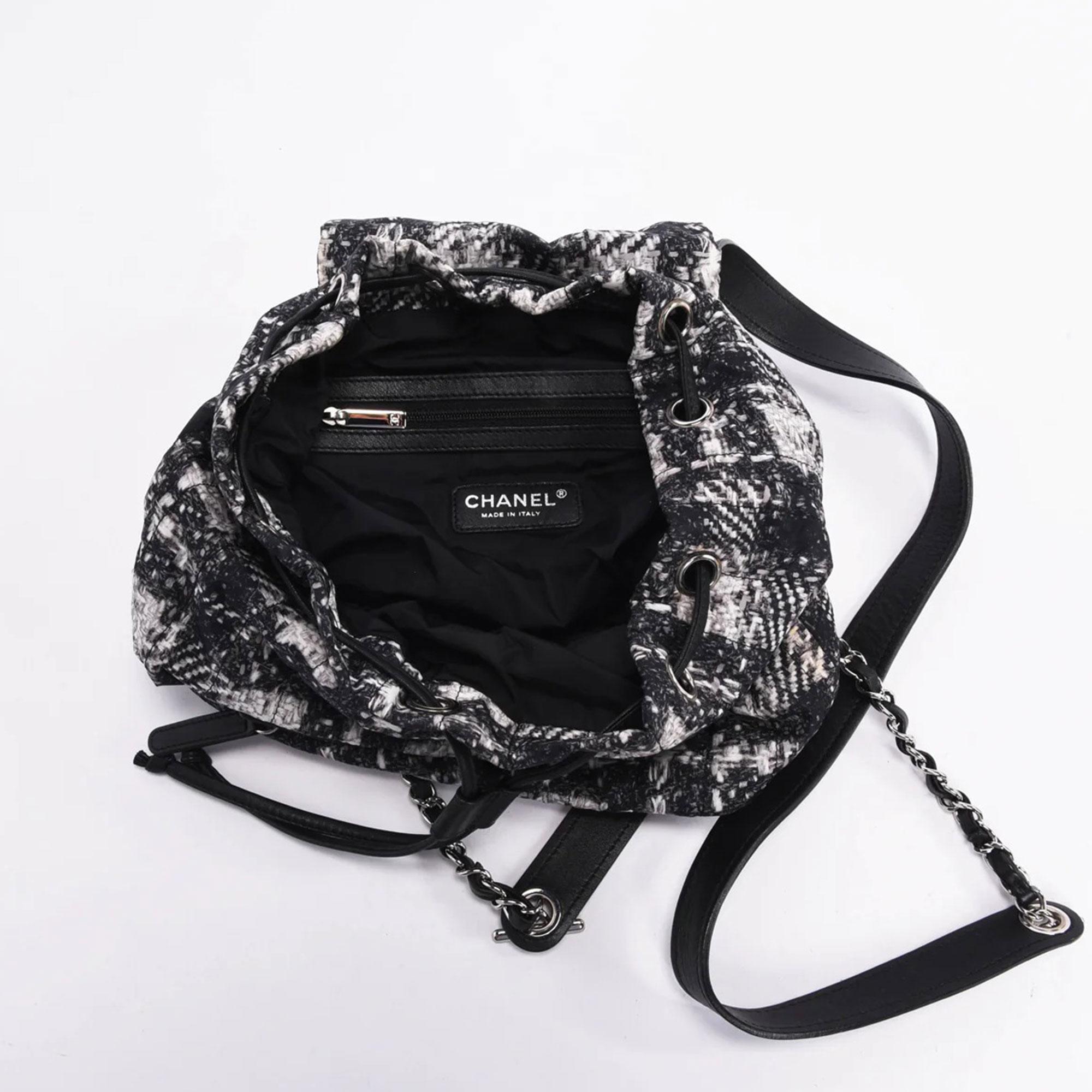 Chanel 2014 Faux Tweed Illusion Printed Medium Black White Nylon Duma Backpack In Good Condition For Sale In Miami, FL