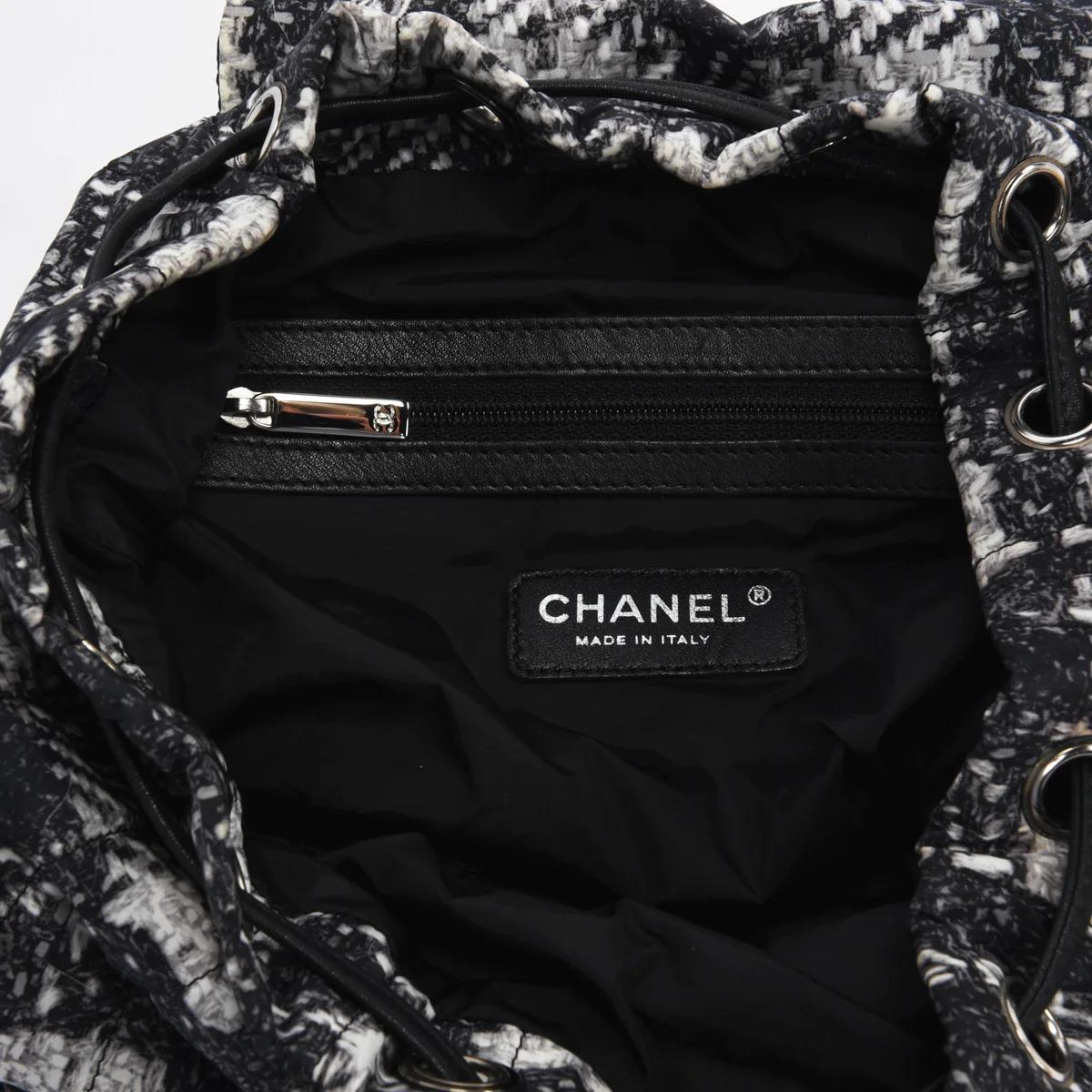 Chanel 2014 Faux Tweed Illusion Printed Medium Black White Nylon Duma Backpack 5