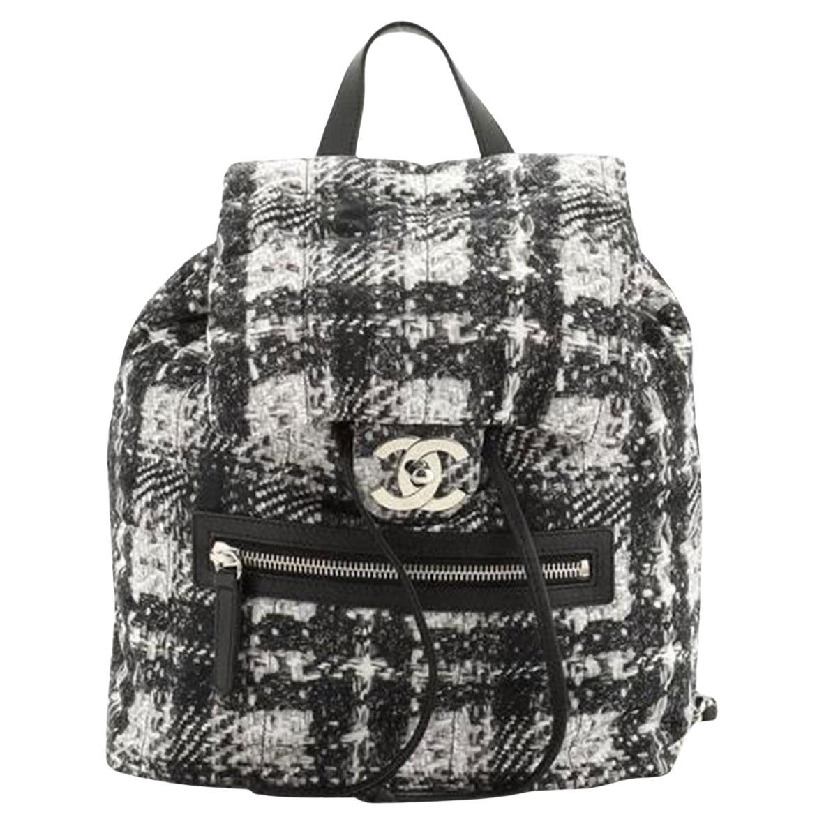 Chanel 2014 Faux Tweed Illusion Printed Medium Black White Nylon Duma Backpack