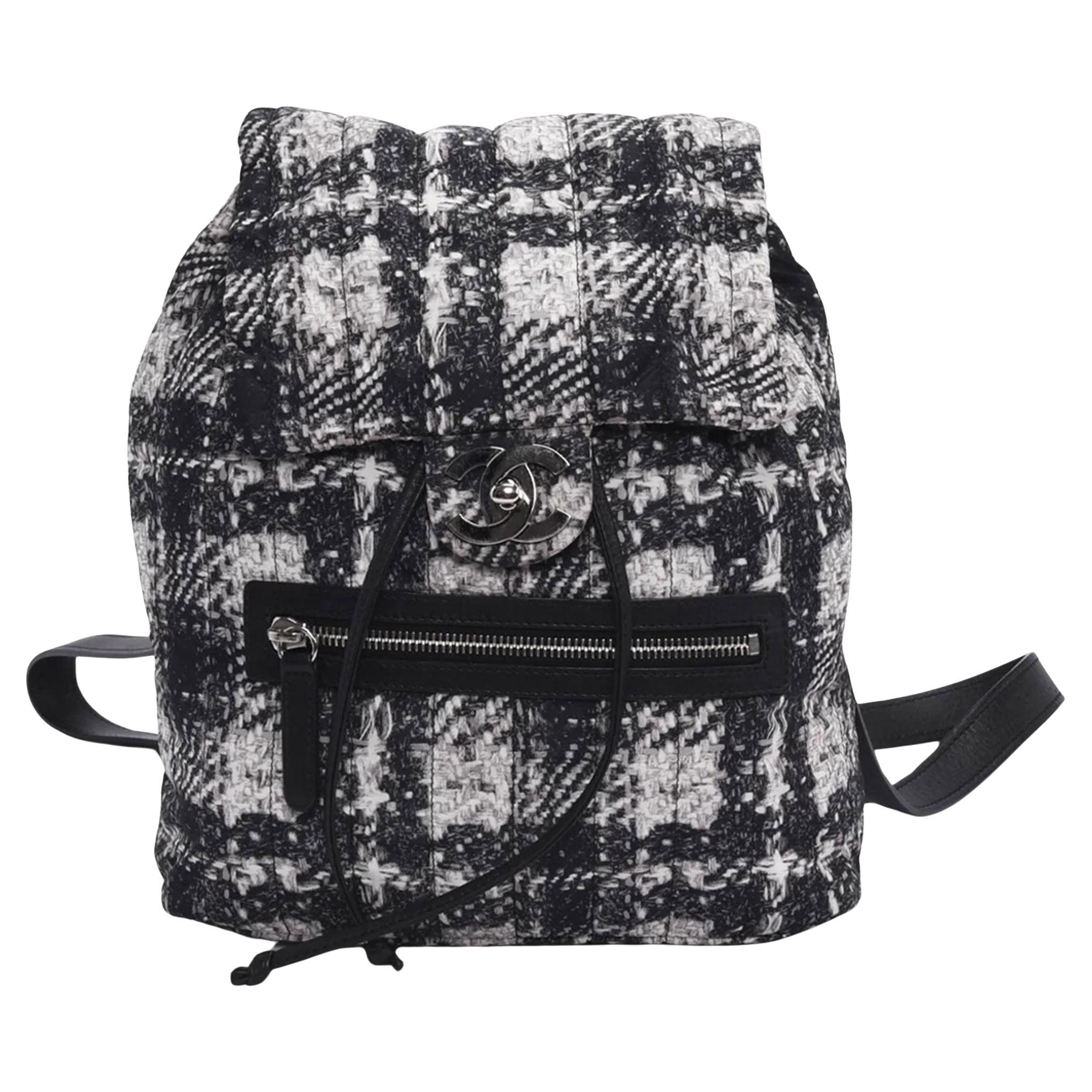 Chanel 2014 Faux Tweed Illusion Printed Medium Black White Nylon Duma Backpack