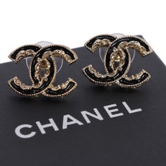 Chanel 2014 Gold Tone Interlocking CC Black Enamel Stud Earrings
