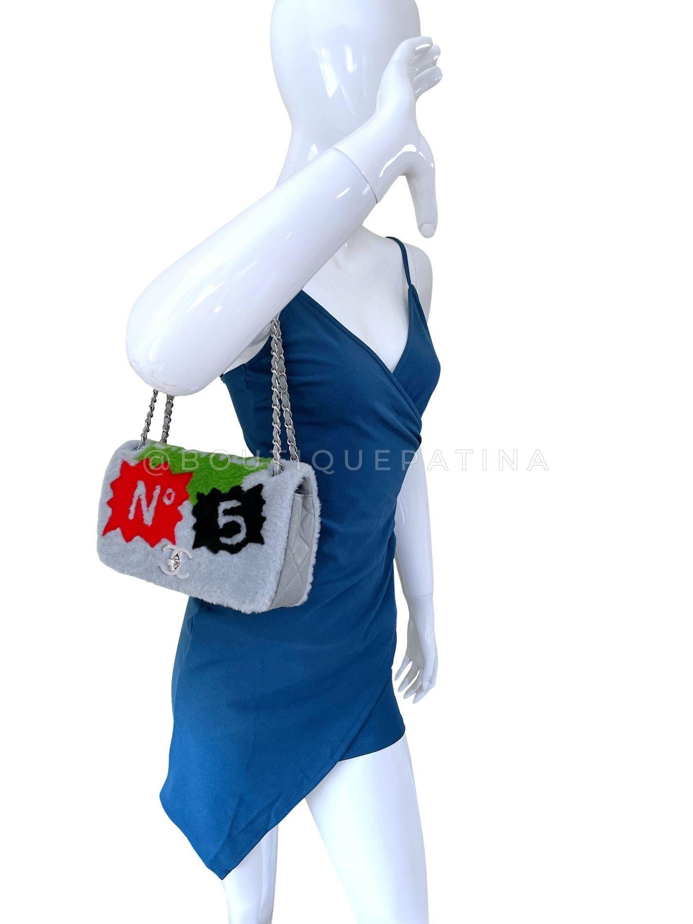 Chanel 2014 Gray Supermarket Comic Multicolor Shearling Flap Bag SHW 68183 For Sale 10