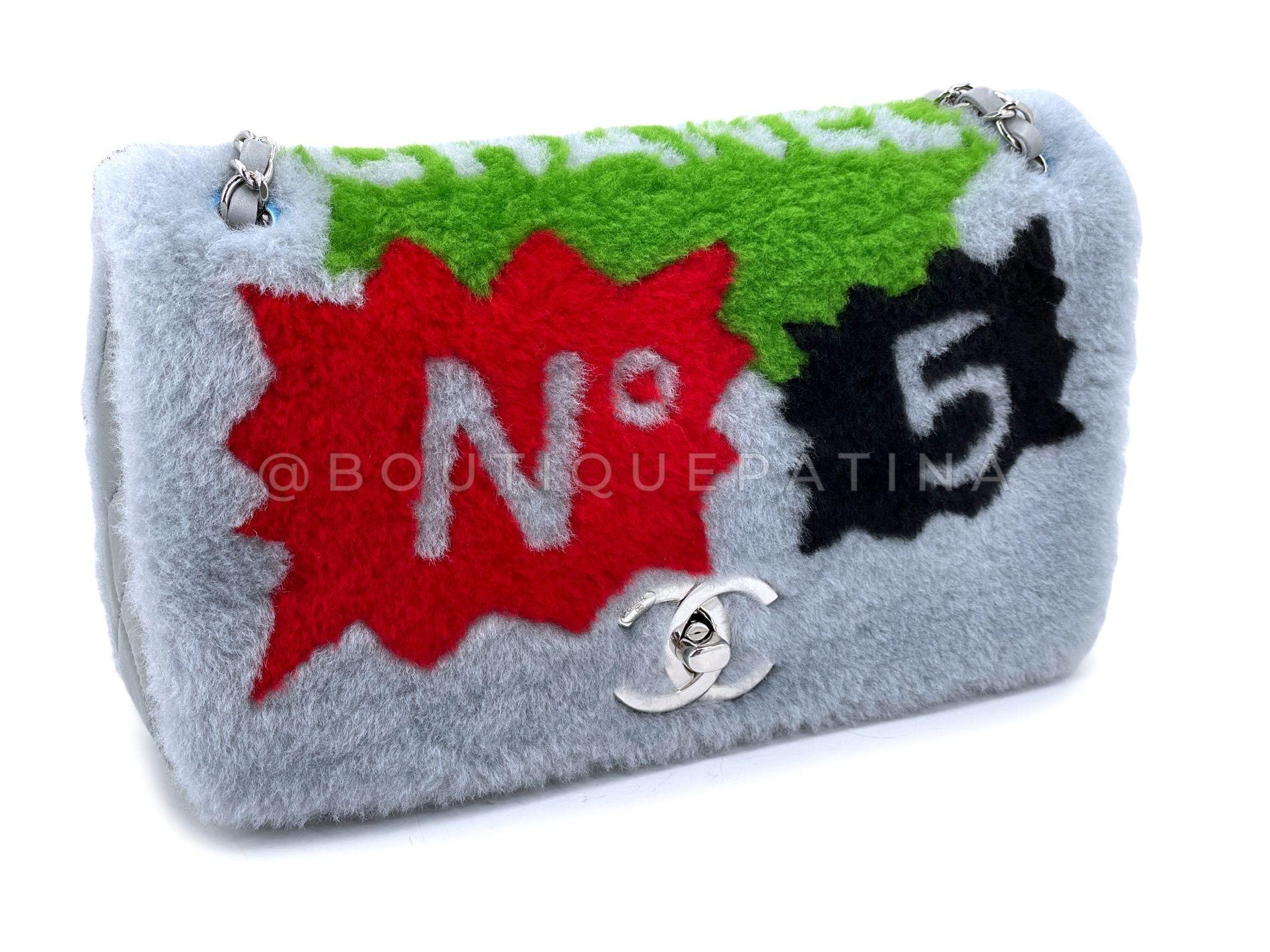 Chanel 2014 Gray Supermarket Comic Multicolor Shearling Flap Bag SHW 68183 In Excellent Condition For Sale In Costa Mesa, CA