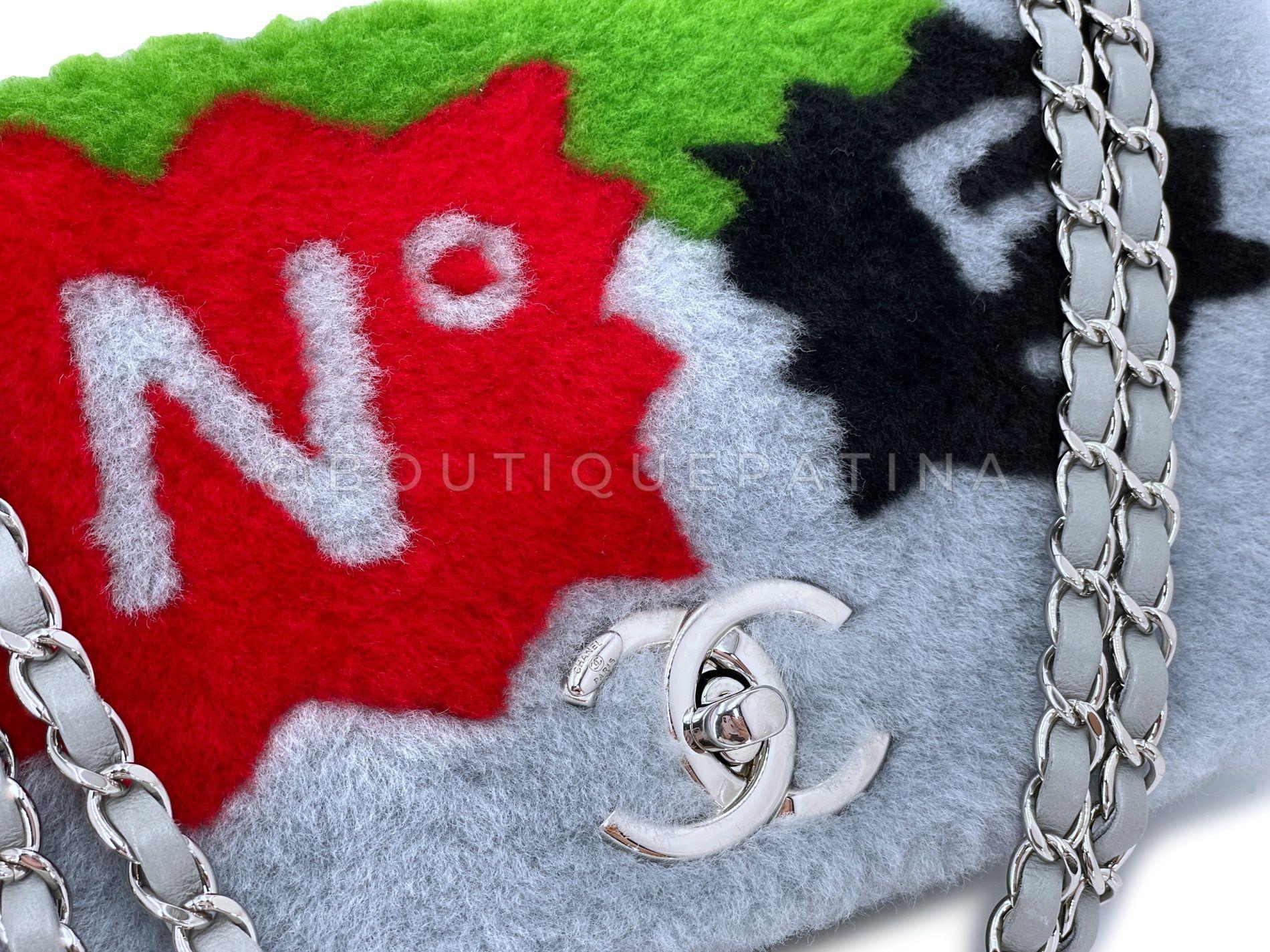 Chanel 2014 Gray Supermarket Comic Multicolor Shearling Flap Bag SHW 68183 For Sale 4