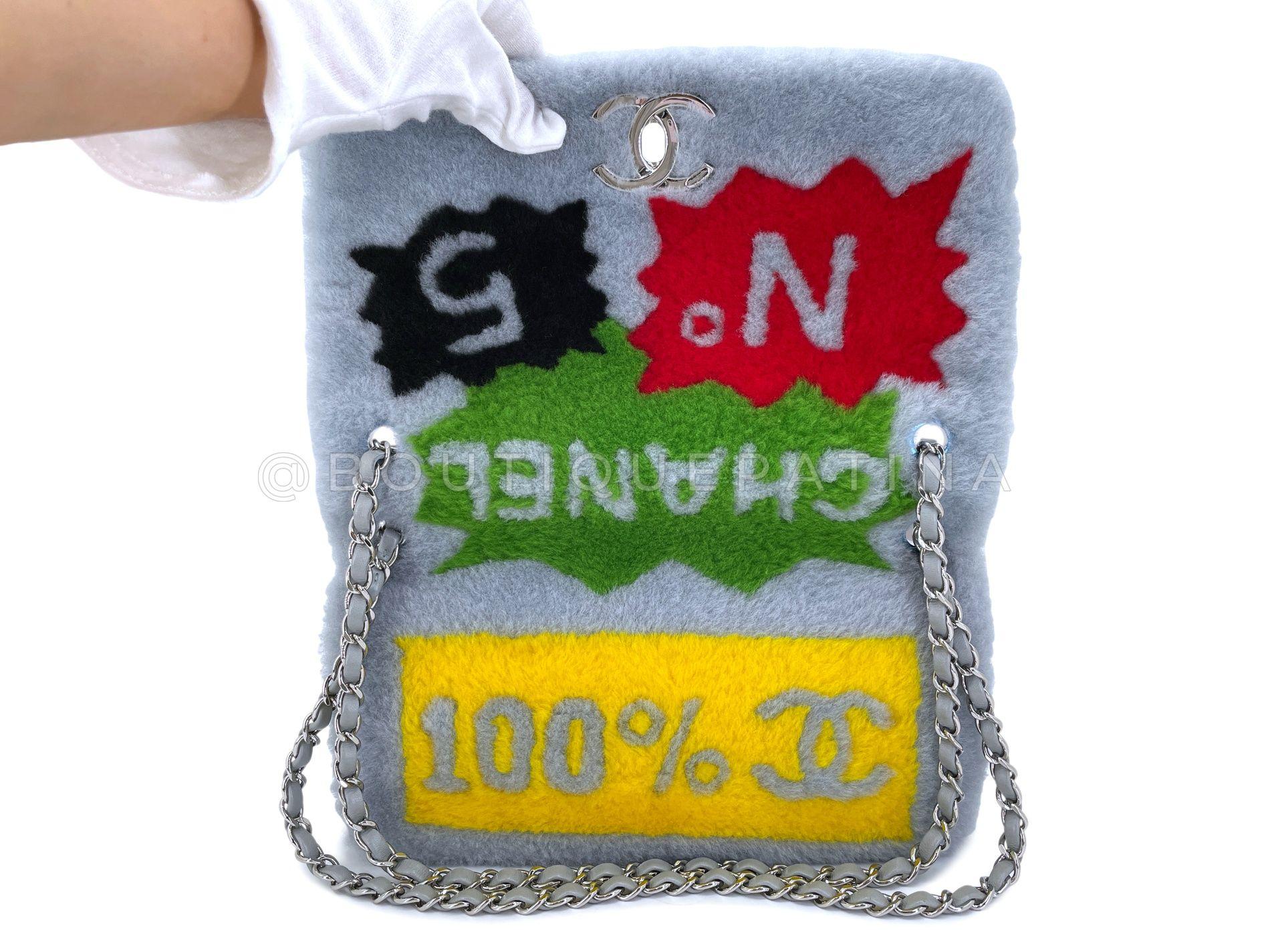 Chanel 2014 Gray Supermarket Comic Multicolor Shearling Flap Bag SHW 68183 For Sale 5