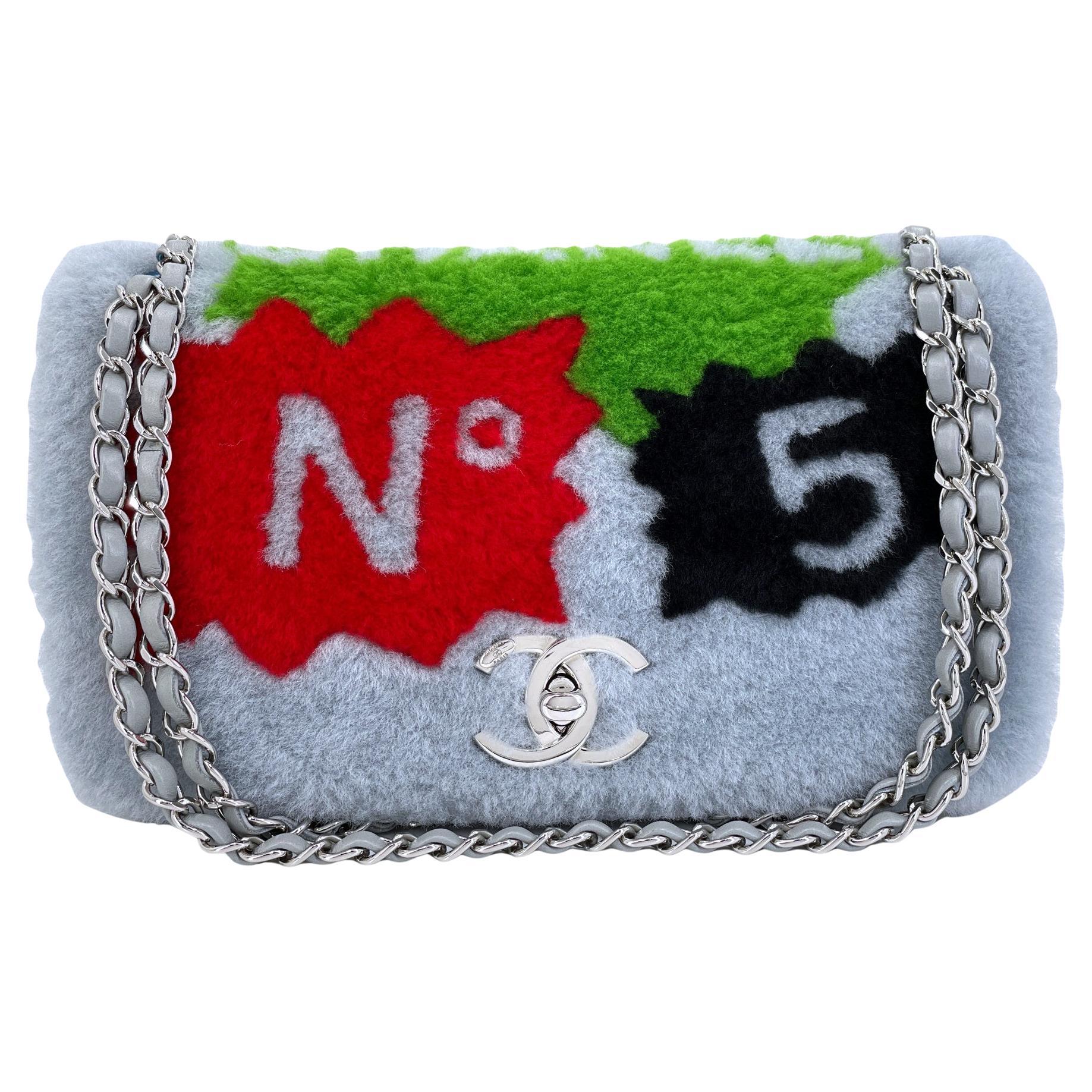 Chanel 2014 Gray Supermarket Comic Multicolor Shearling Flap Bag SHW 68183 For Sale