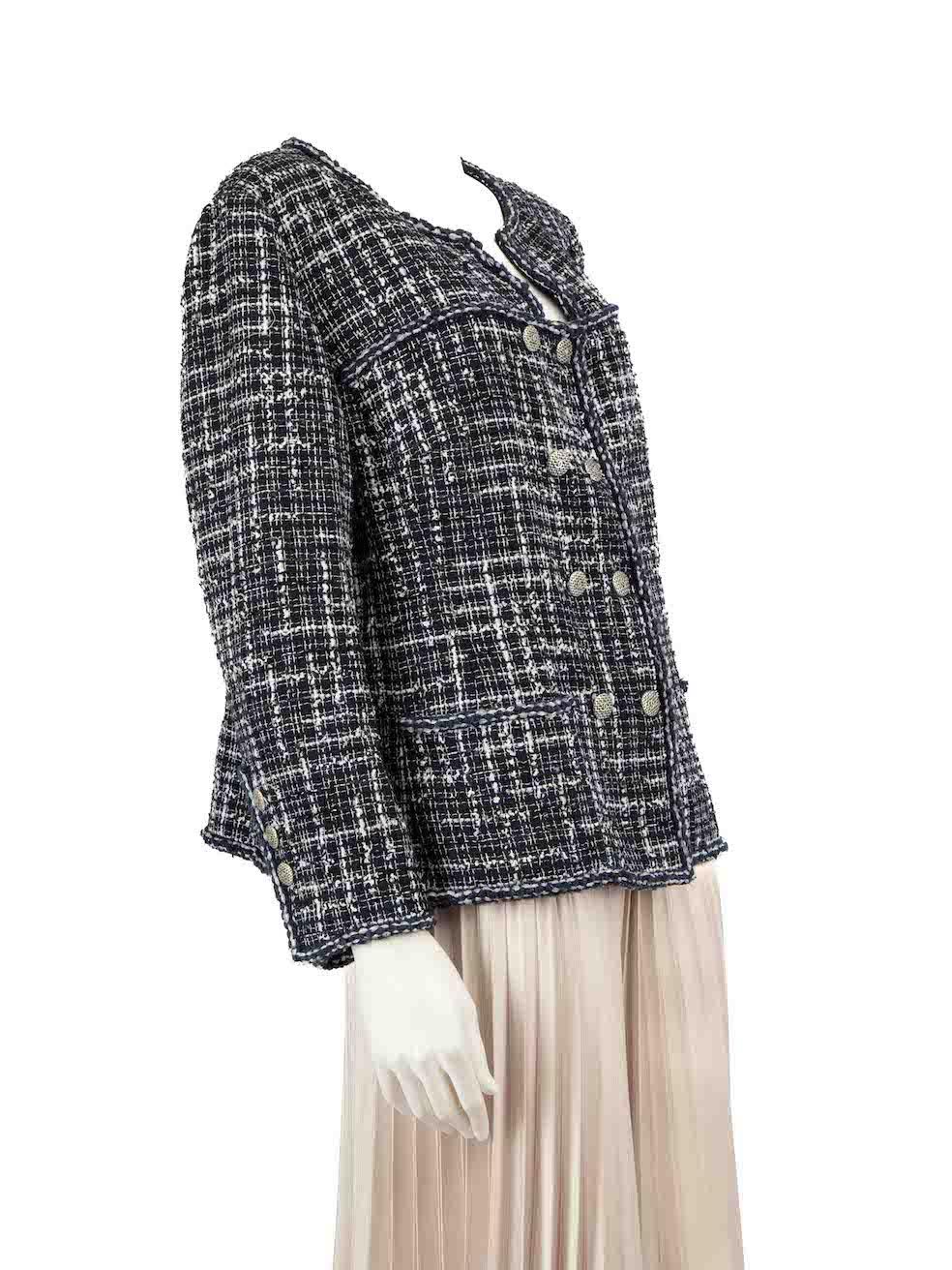 CONDITION is Very good. Hardly any visible wear to jacket is evident on this used Chanel designer resale item.
 
 
 
 Details
 
 
 2014
 
 Navy
 
 Tweed
 
 Fitted jacket
 
 Tartan pattern
 
 Double breasted
 
 CC logo weave buttons
 
 Buttoned