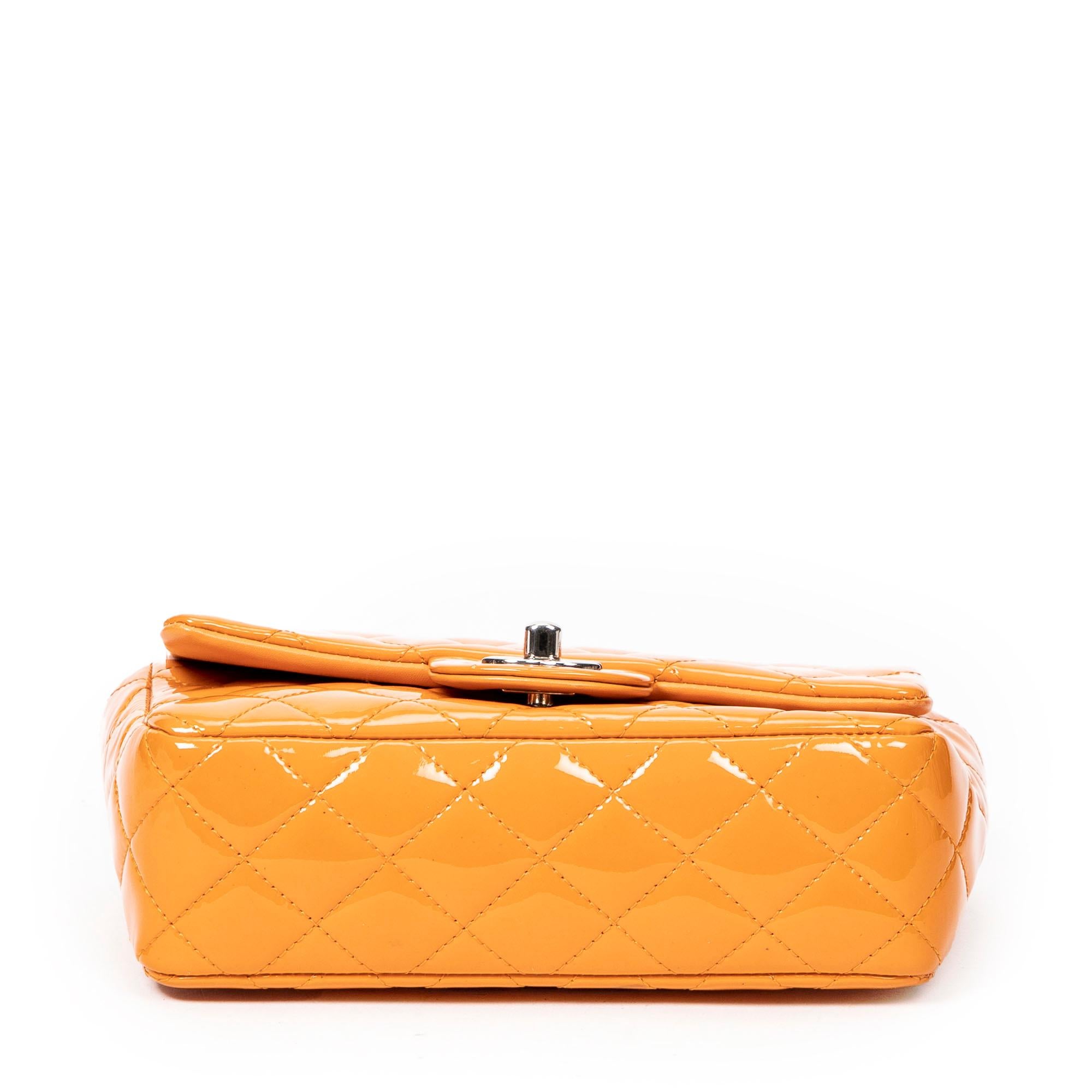 Women's or Men's Chanel 2014 Orange Patent Leather Mini Single Flap Bag For Sale