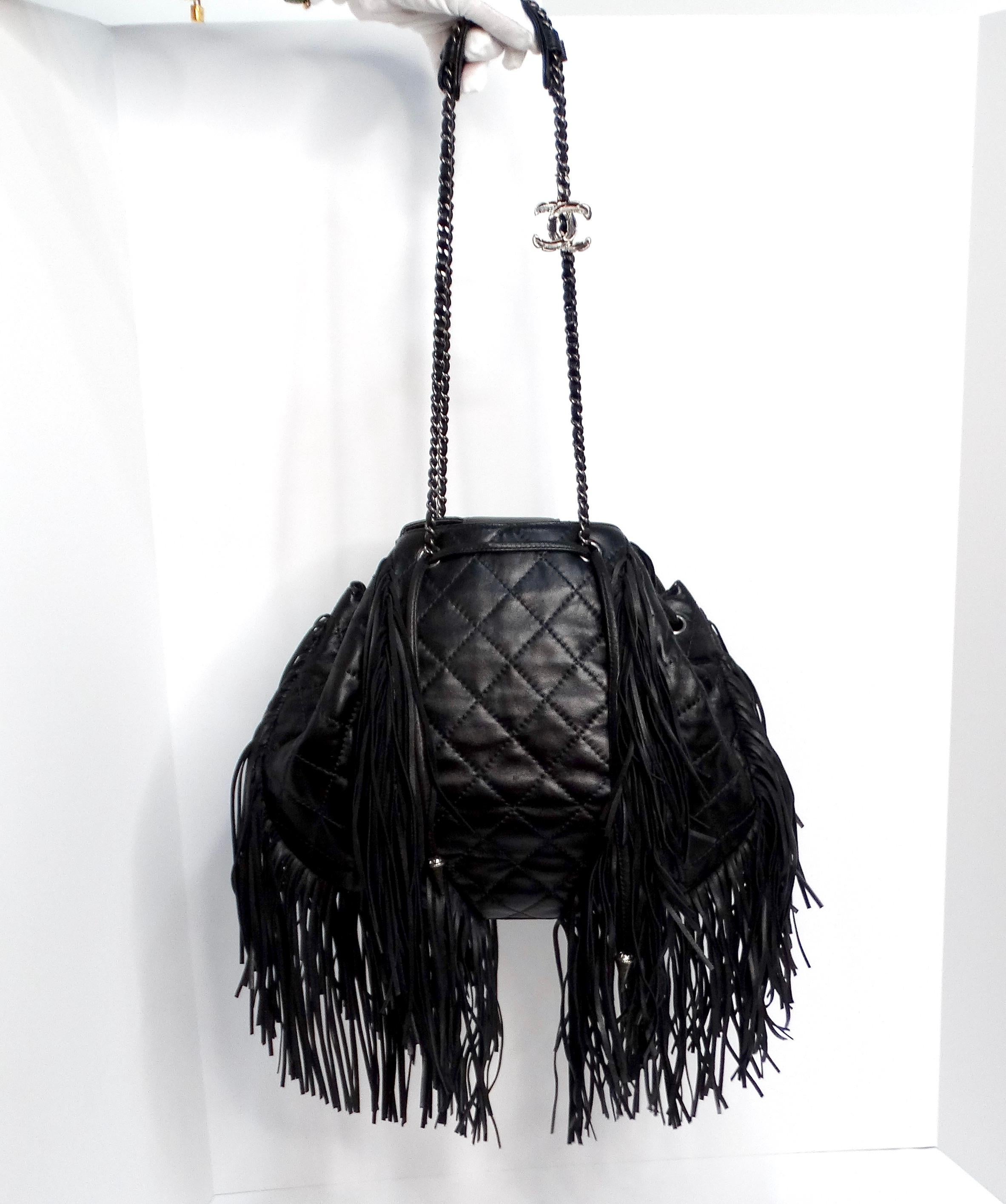 Chanel 2014 Paris-Dallas Black Quilted Lambskin Drawstring Fringe Bucket Bag In Good Condition For Sale In Scottsdale, AZ