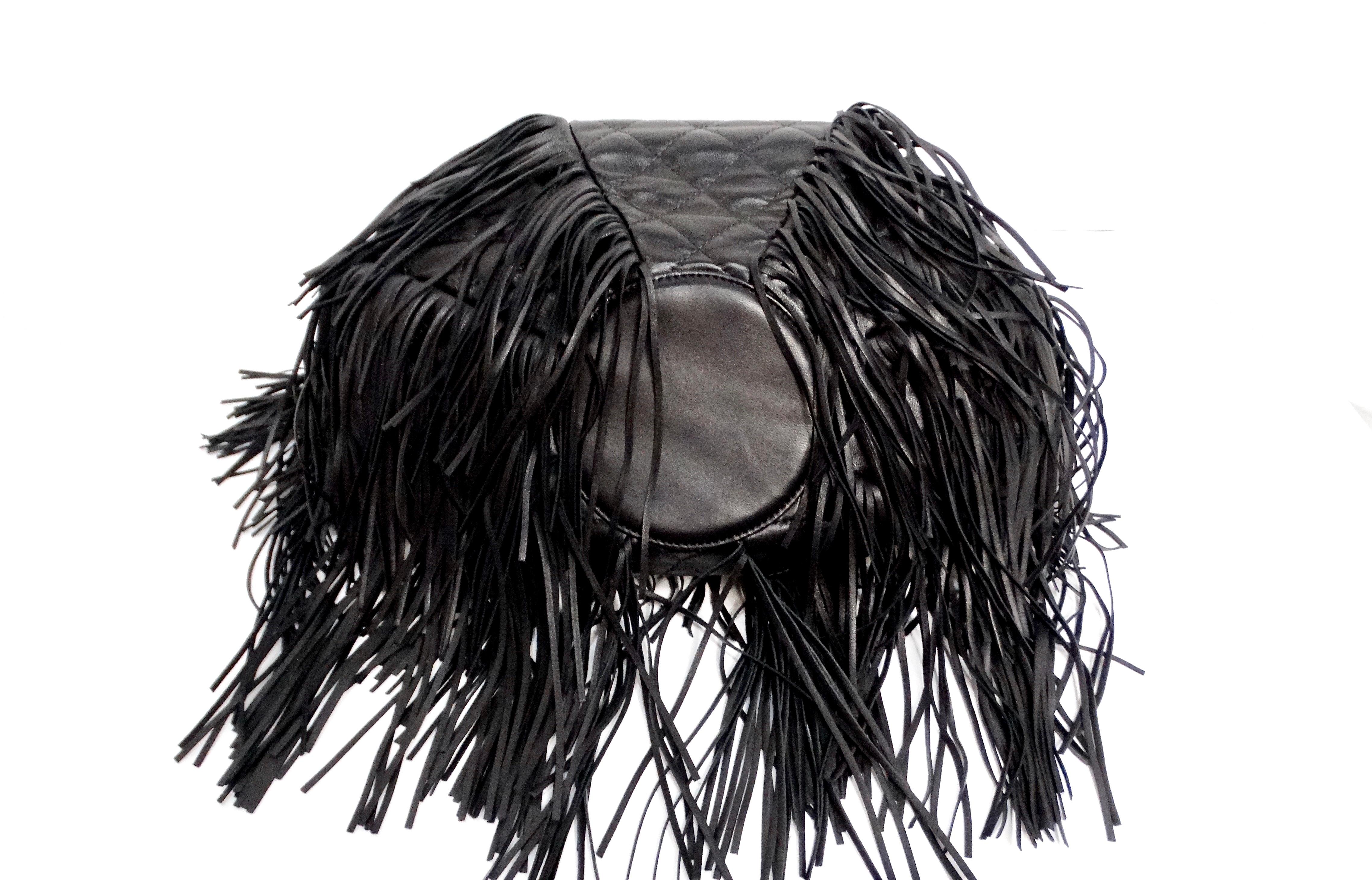 Chanel 2014 Paris-Dallas Black Quilted Lambskin Drawstring Fringe Bucket Bag For Sale 3