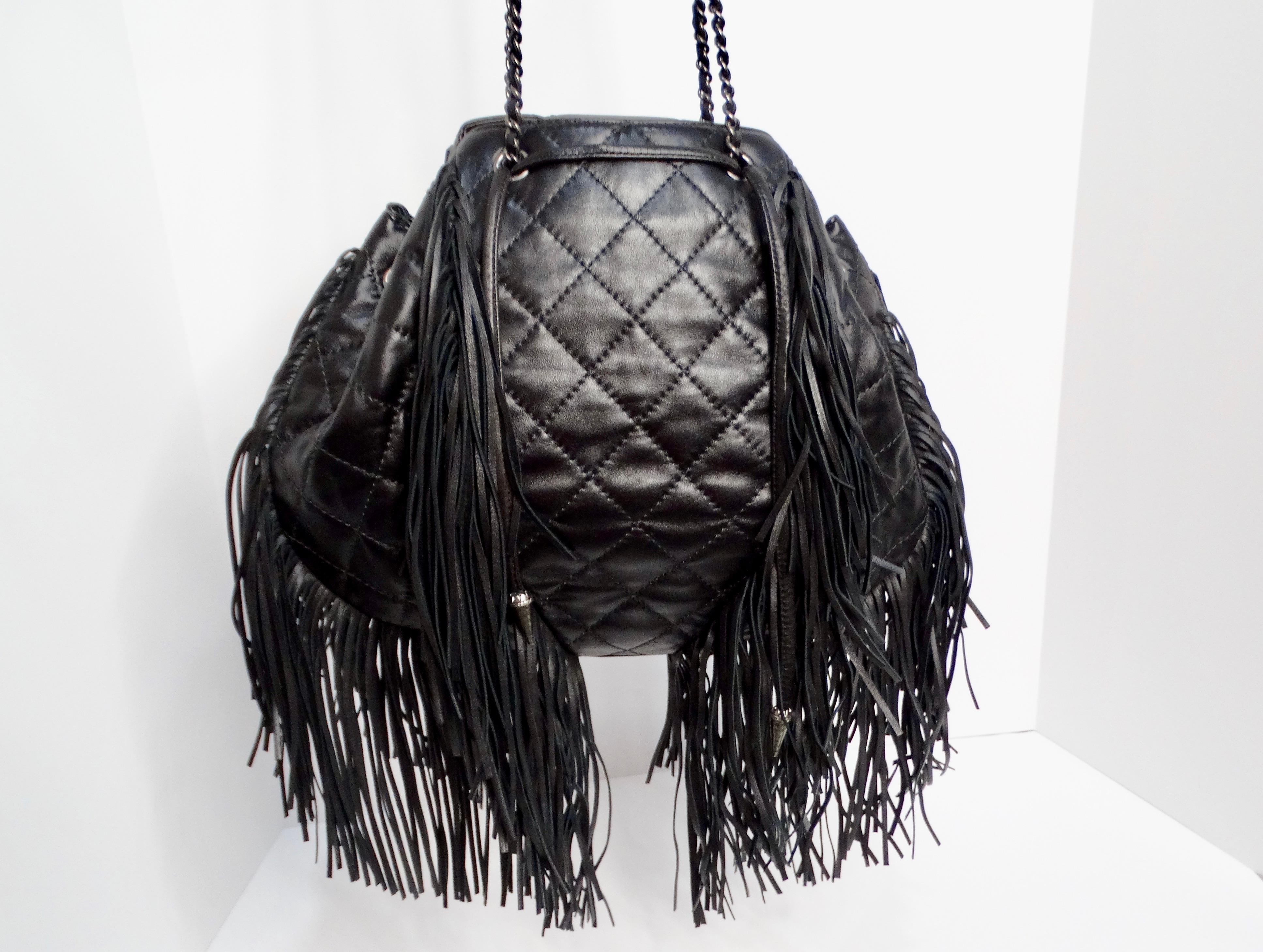 Chanel 2014 Paris-Dallas Black Quilted Lambskin Drawstring Fringe Bucket Bag For Sale 4