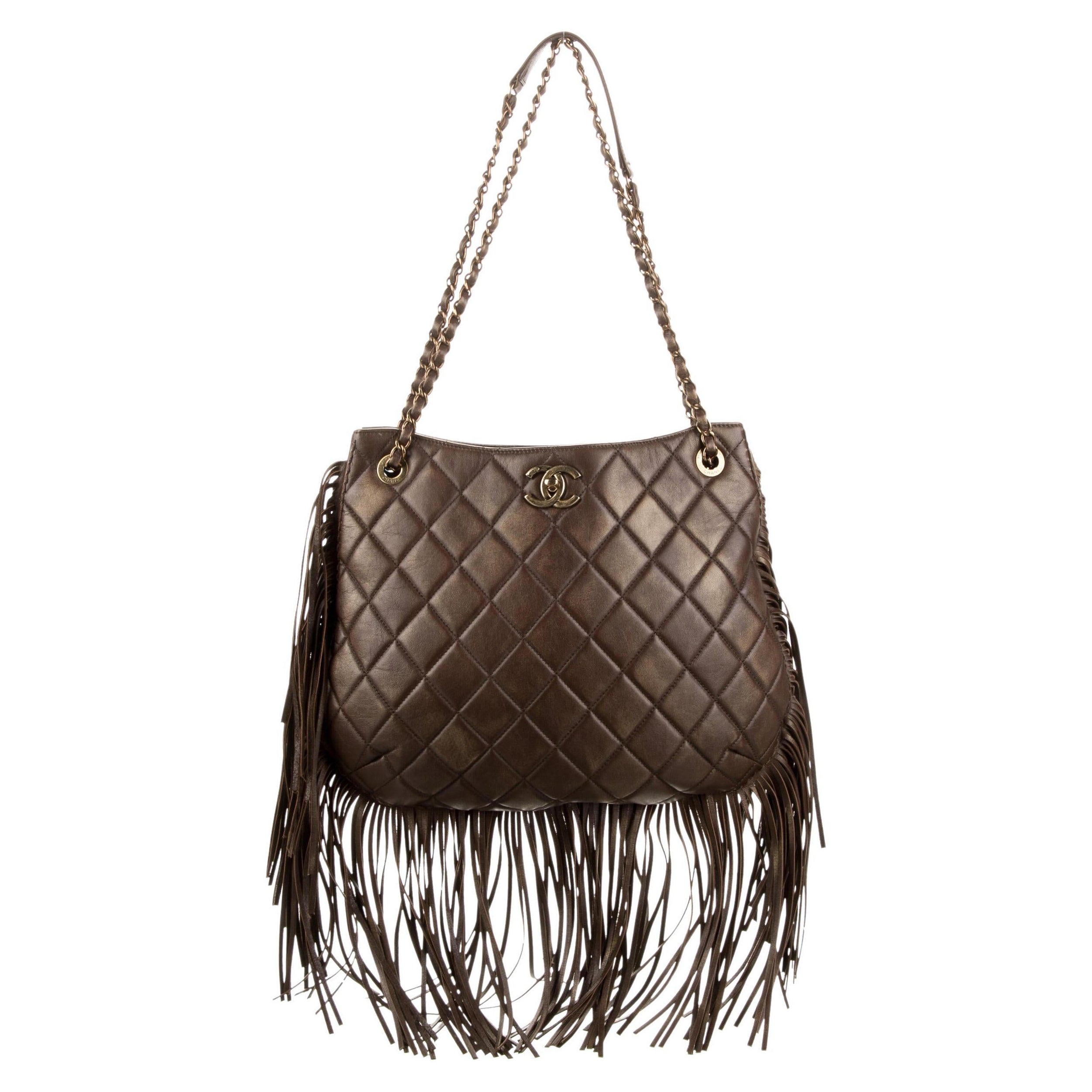 Chanel 2014 Paris Dallas Metièrs D'Art Runway Braun Fransen Shopper Tote Tasche