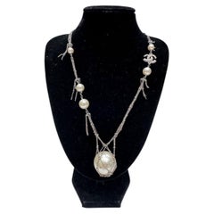Chanel 2014 Pearl Pendant Necklace Silver Tone