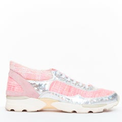 CHANEL 2014 pink tweed silver holographic silver leather sneakers EU38.5