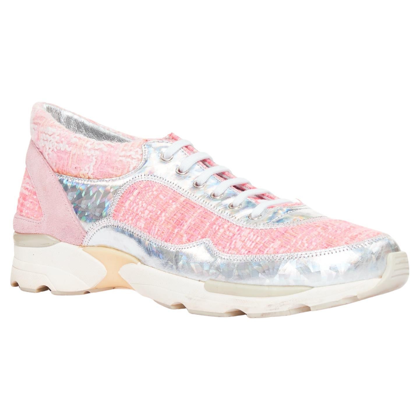CHANEL 2014 pink tweed silver holographic silver leather sneakers EU38.5