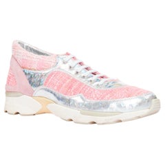 CHANEL 2014 pink tweed silver holographic silver leather sneakers EU38.5