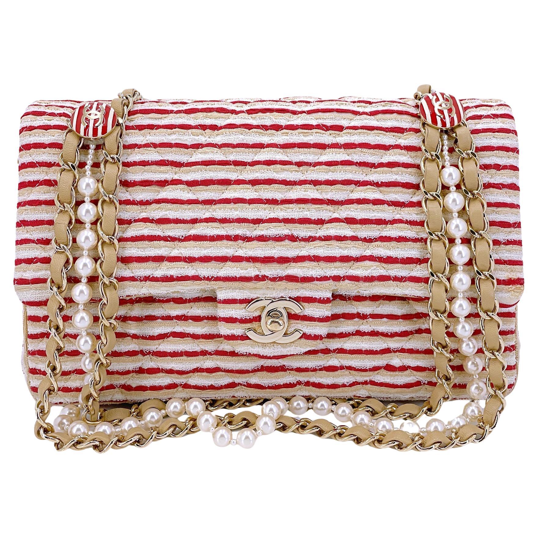 Chanel 2014 Red Coco Sailor Pearl Medium Classic Double Flap Bag GHW 68029 For Sale