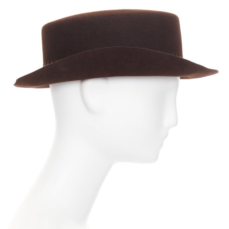 Chanel rabbit hair felt CC logo topstitch flat top hat CHANEL 2014 Runway Paris-Dallas brown rabbit hair felt CC  main image 2