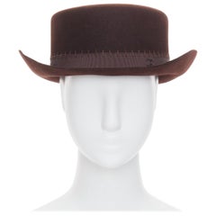 CHANEL 2014 Runway Paris-Dallas brown rabbit hair felt CC topstitch hat M